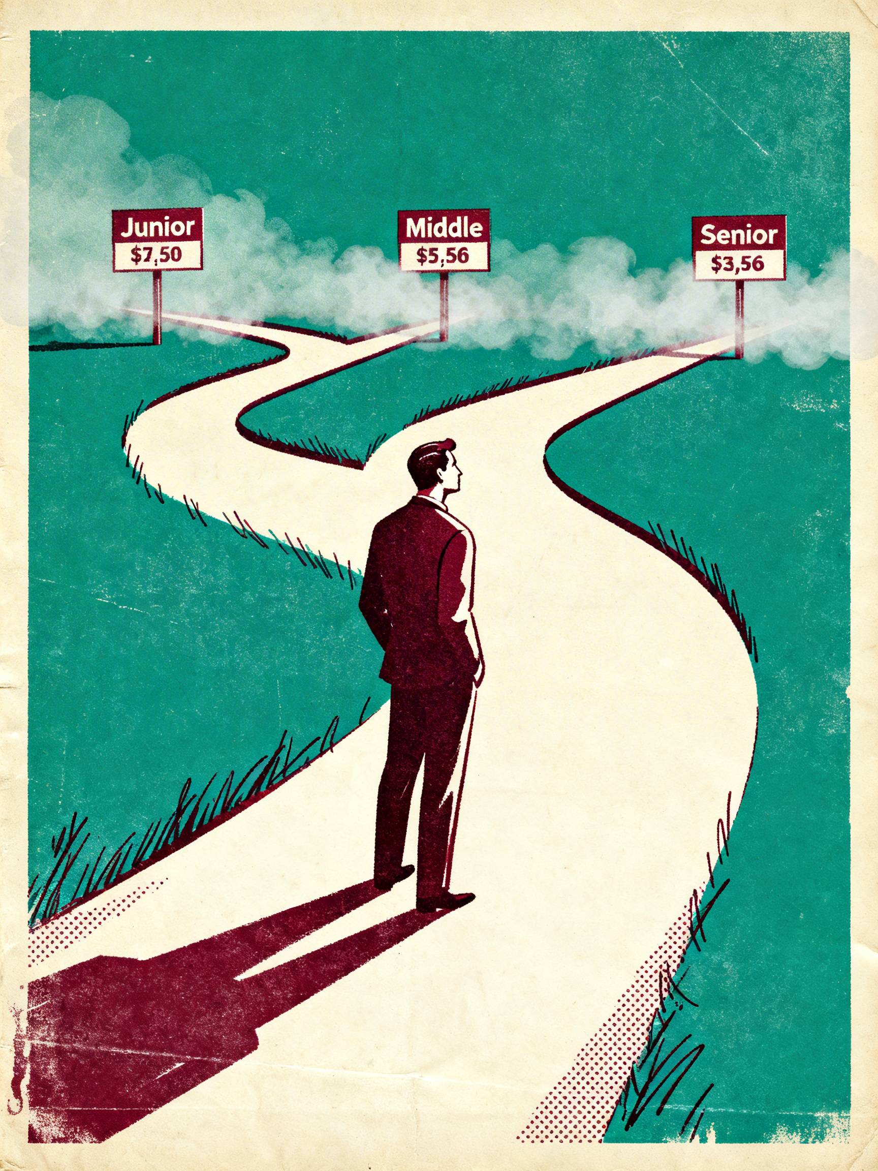 A figure standing before three paths labeled 'Junior', 'Middle', and 'Senior' with signs showing sal...