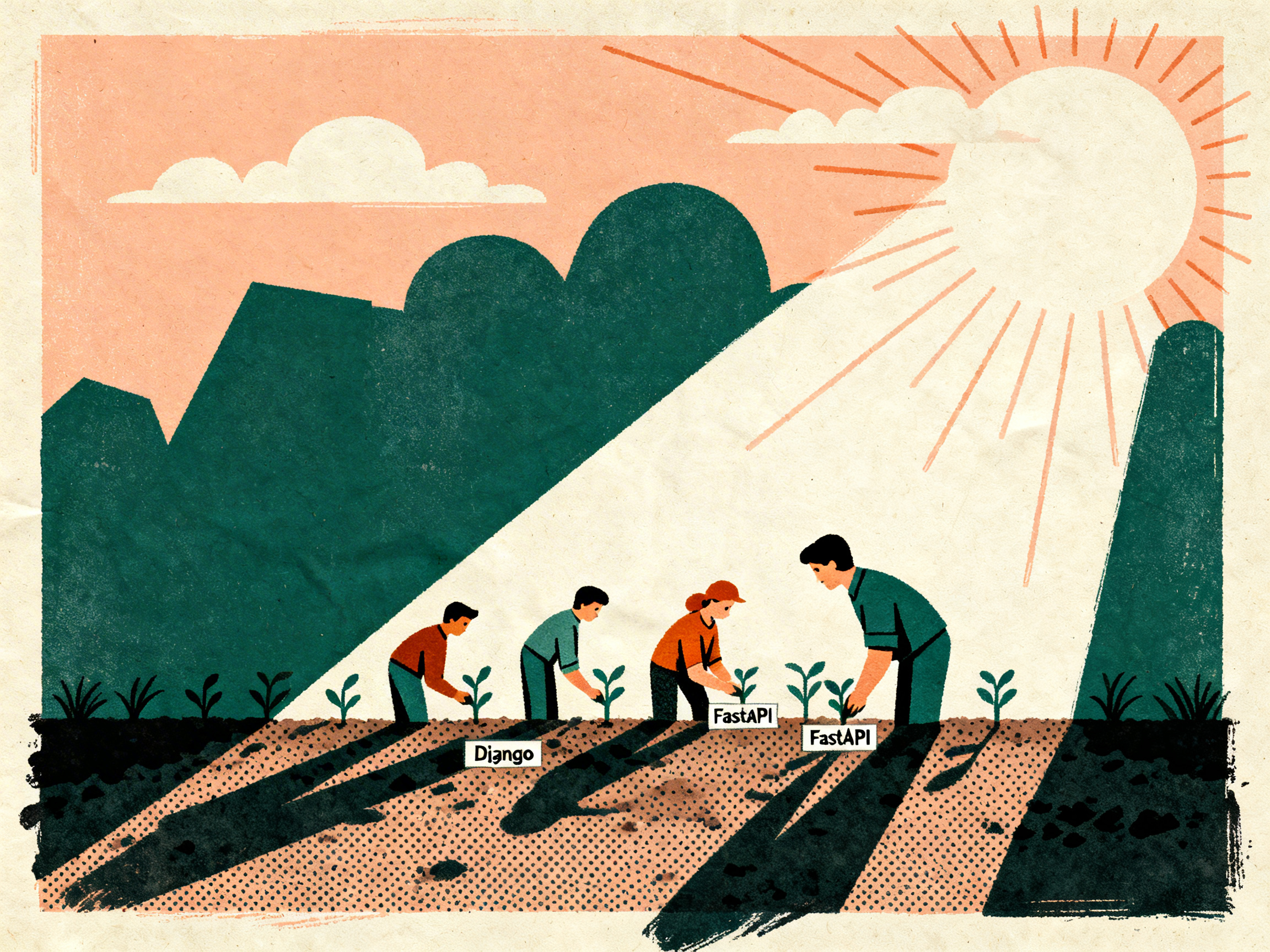 A small group of figures planting seeds labeled 'Django' and 'FastAPI' in fertile ground, sunlight b...