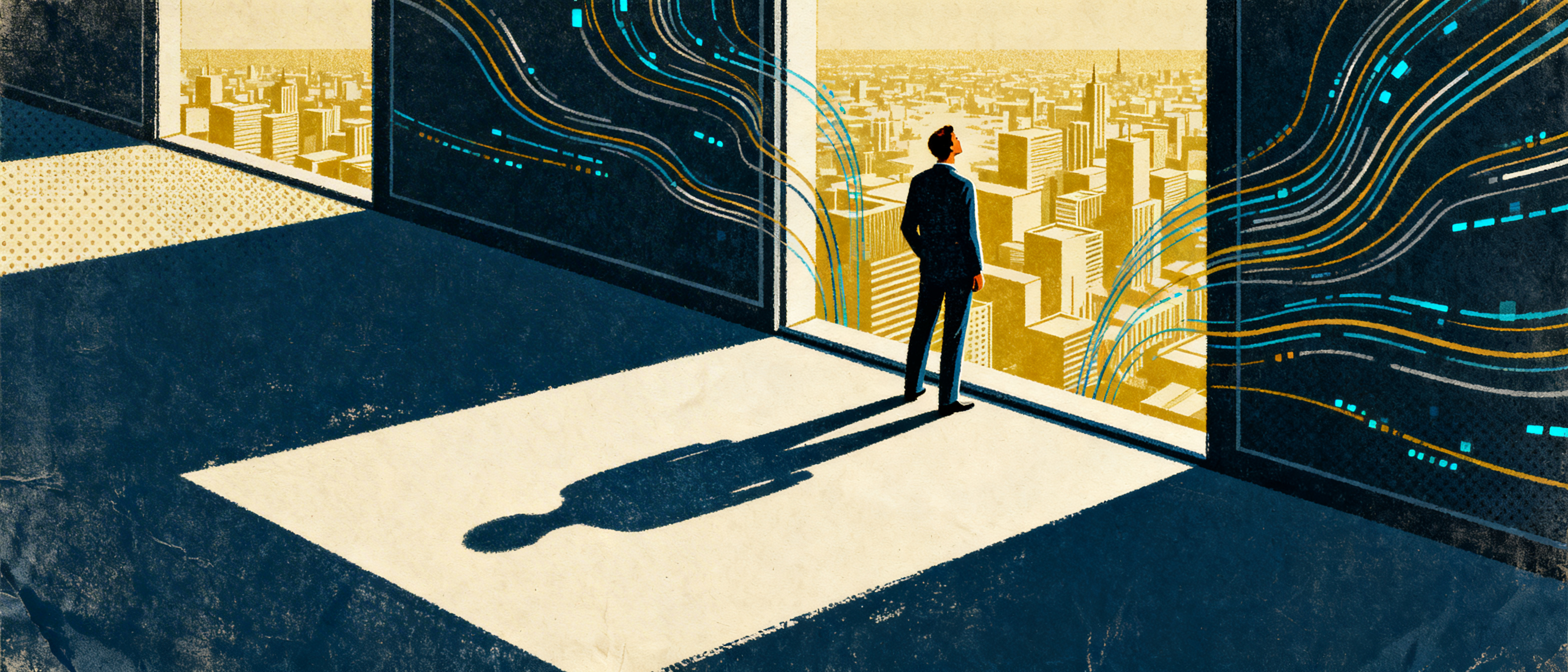 A figure standing at a large open window, looking out to a sprawling city with digital streams flowi...
