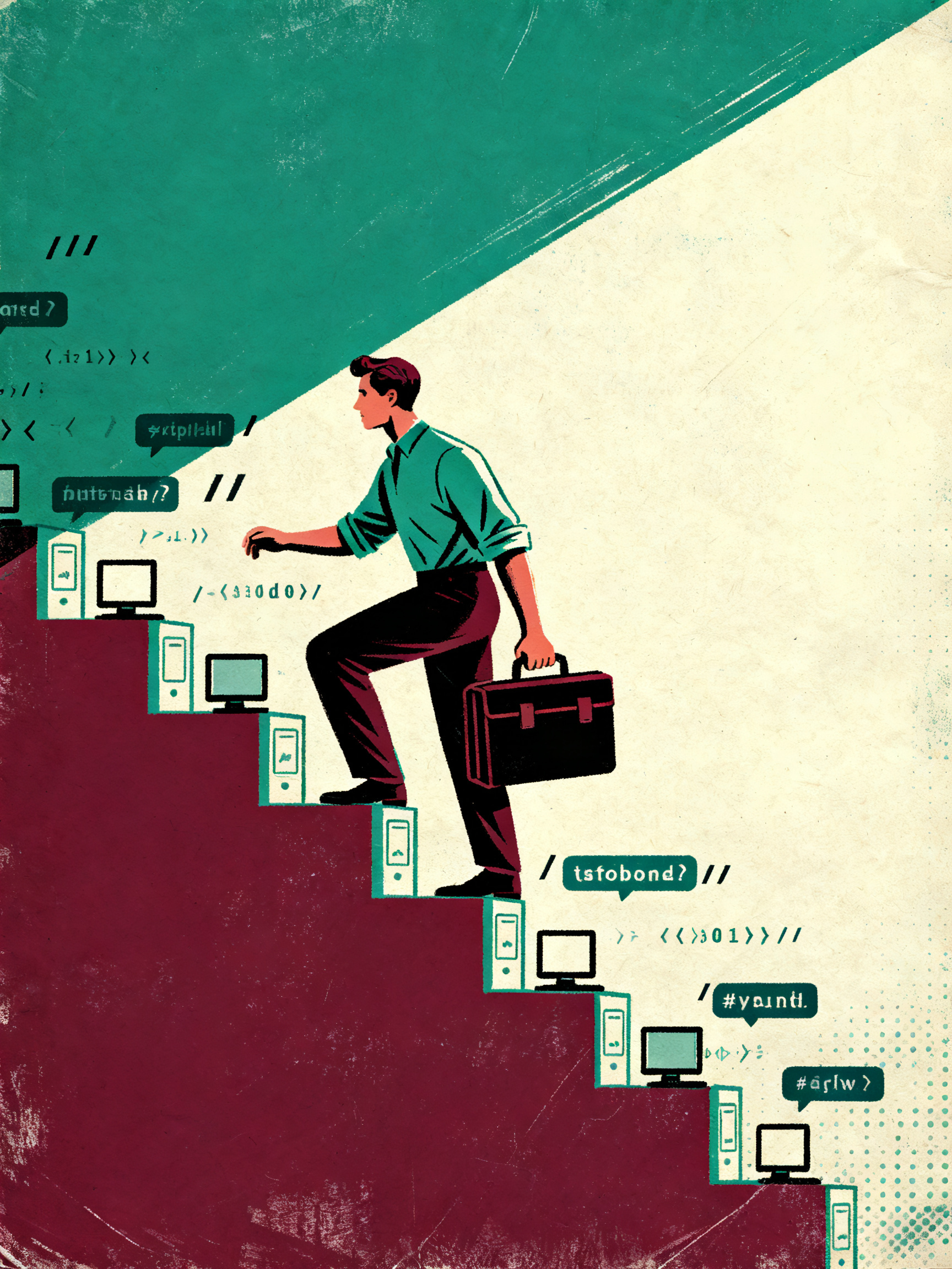 A figure climbing a steep staircase made of code symbols and device icons, carrying a heavy toolbox,