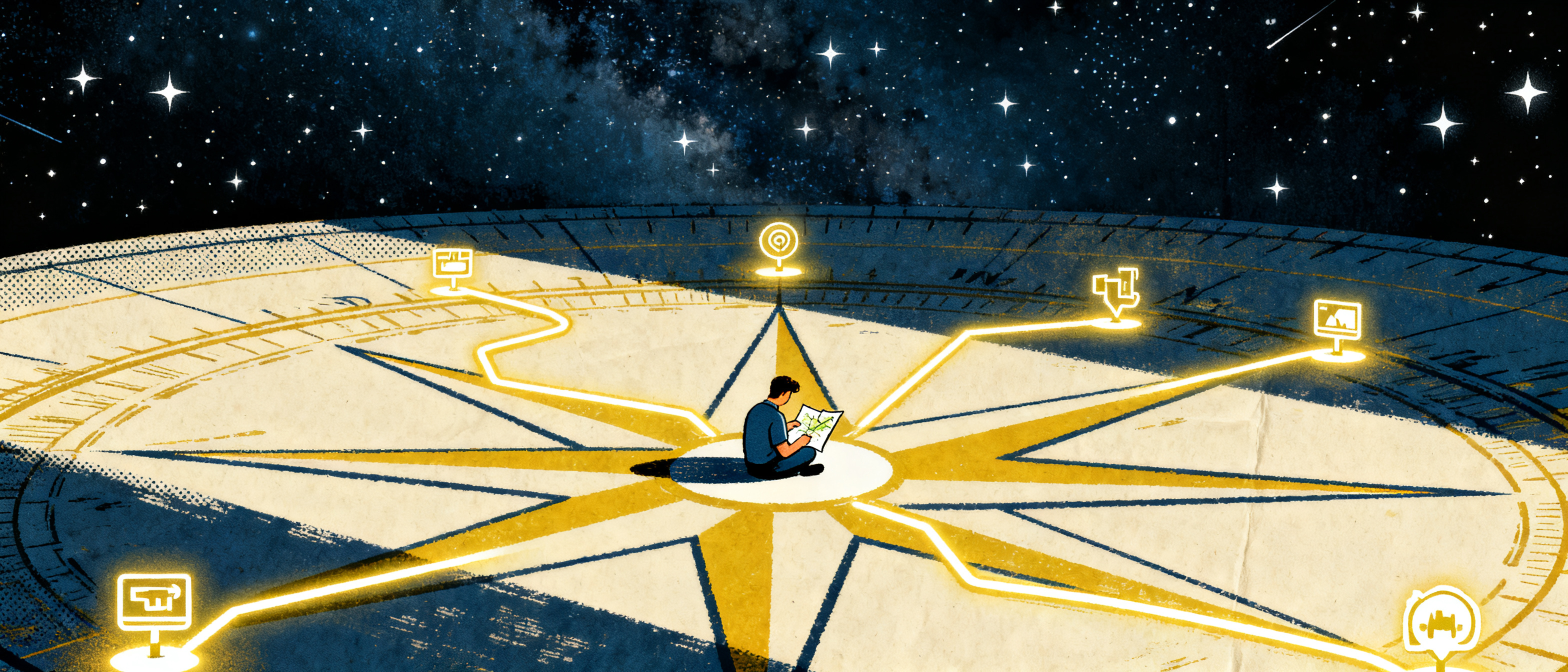 A tiny developer sitting at the center of an enormous compass rose, multiple glowing paths extending