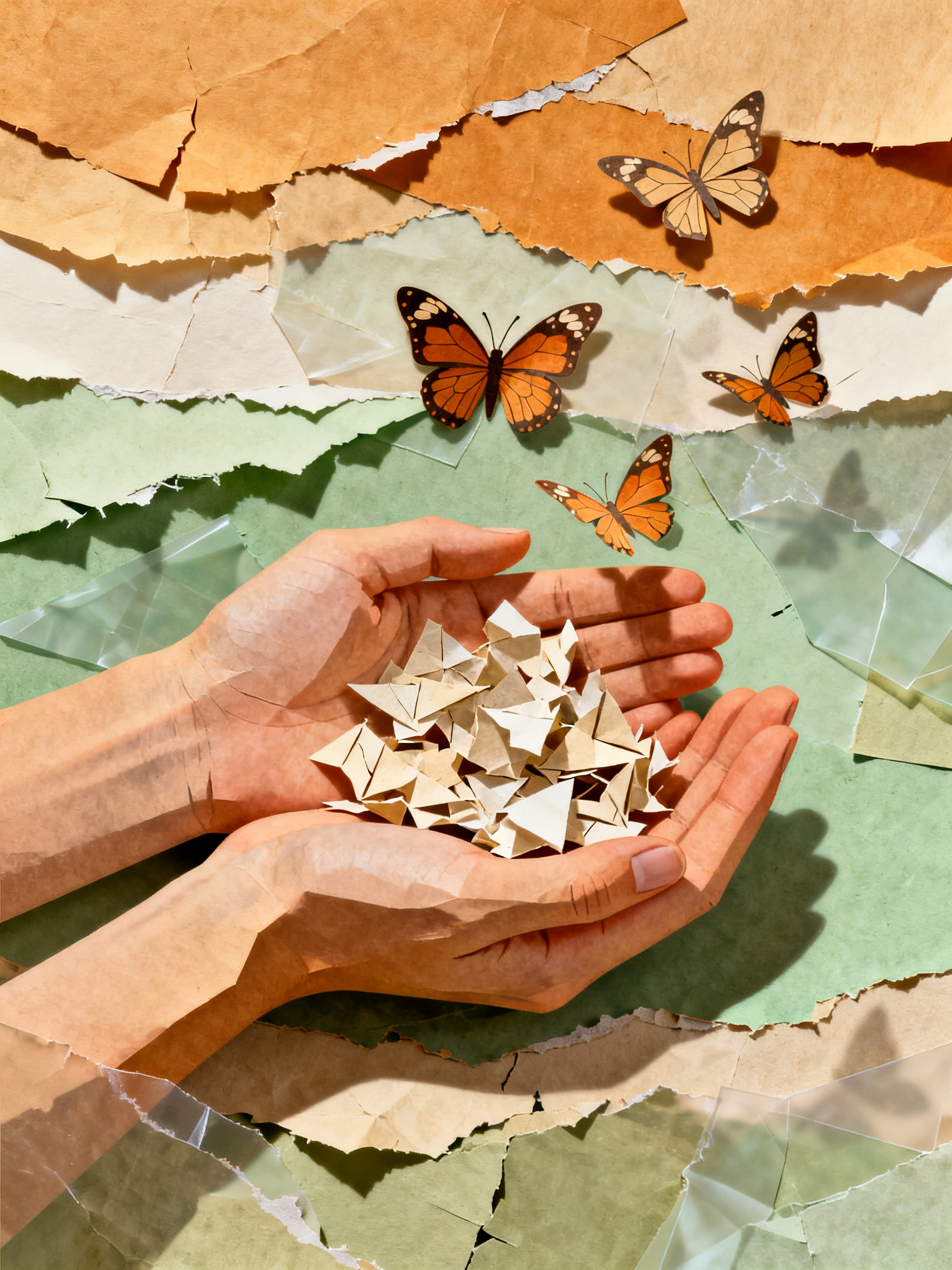 Hands cupping crumbling paper pieces that transform into butterflies, multiple paper layers showing 