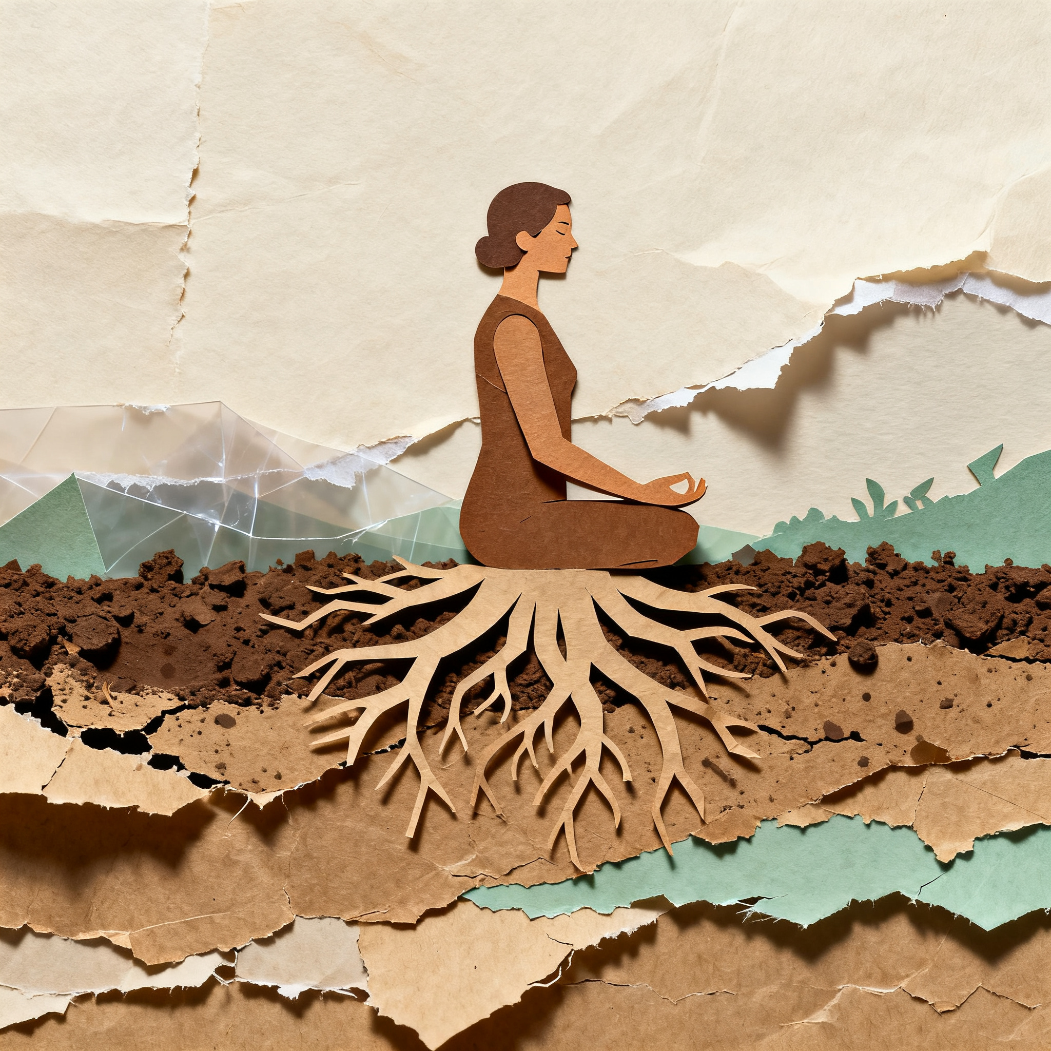 Person sitting in meditation pose with paper roots growing from beneath, layered kraft paper earth t