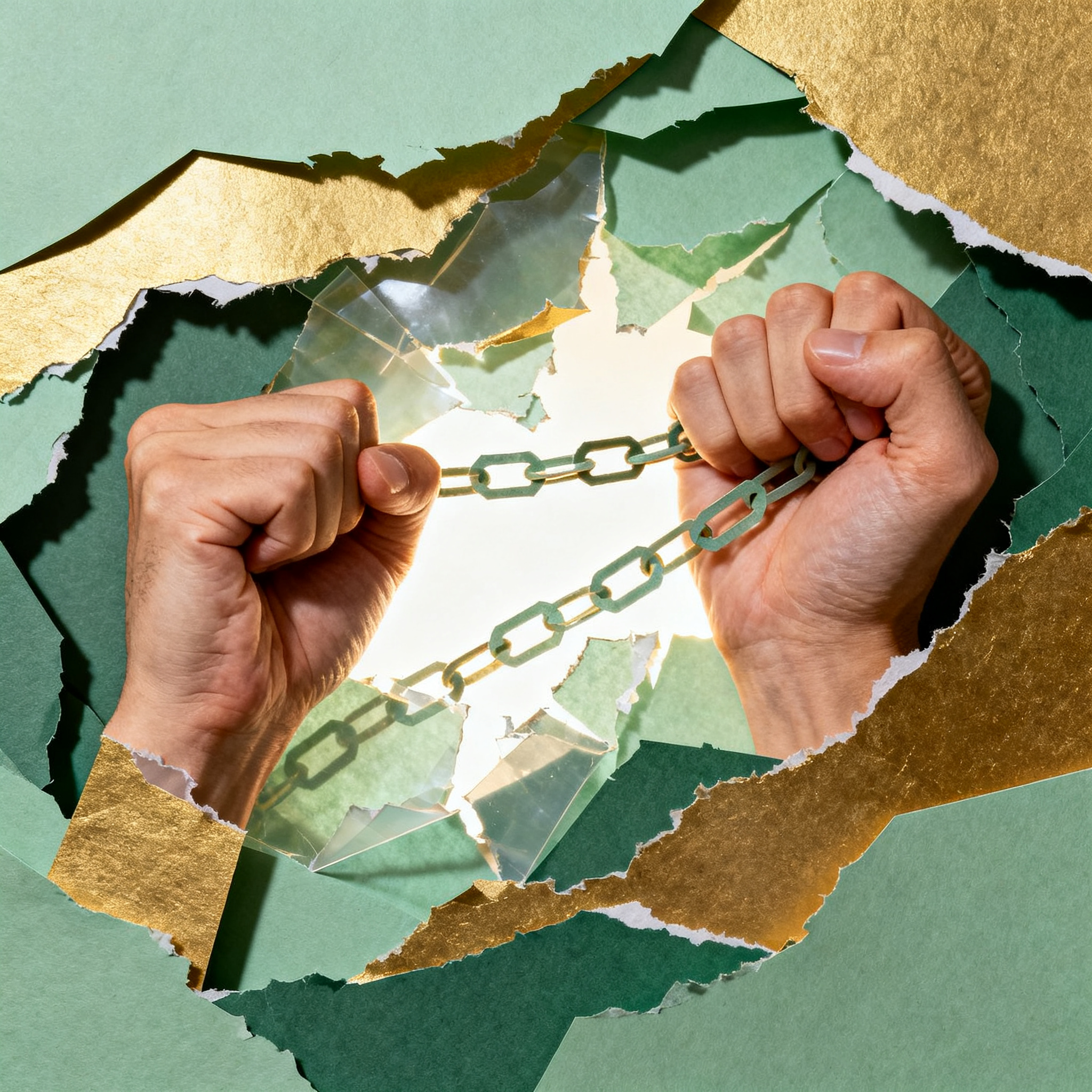 Hands breaking through layers of translucent paper barriers while paper chains dissolve, torn edges 