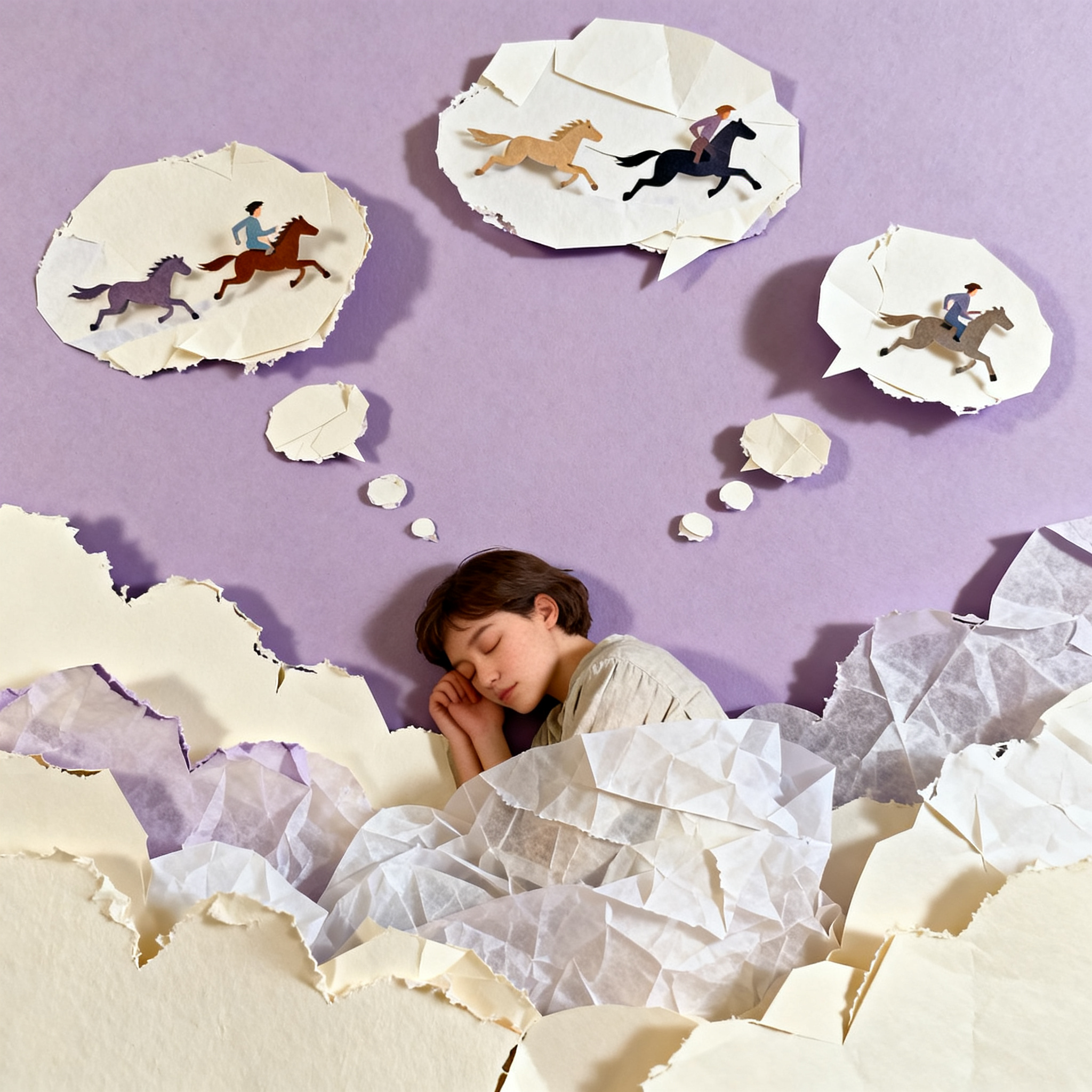 Sleeping figure surrounded by floating paper dream bubbles with chase scenes inside, layered tissue 