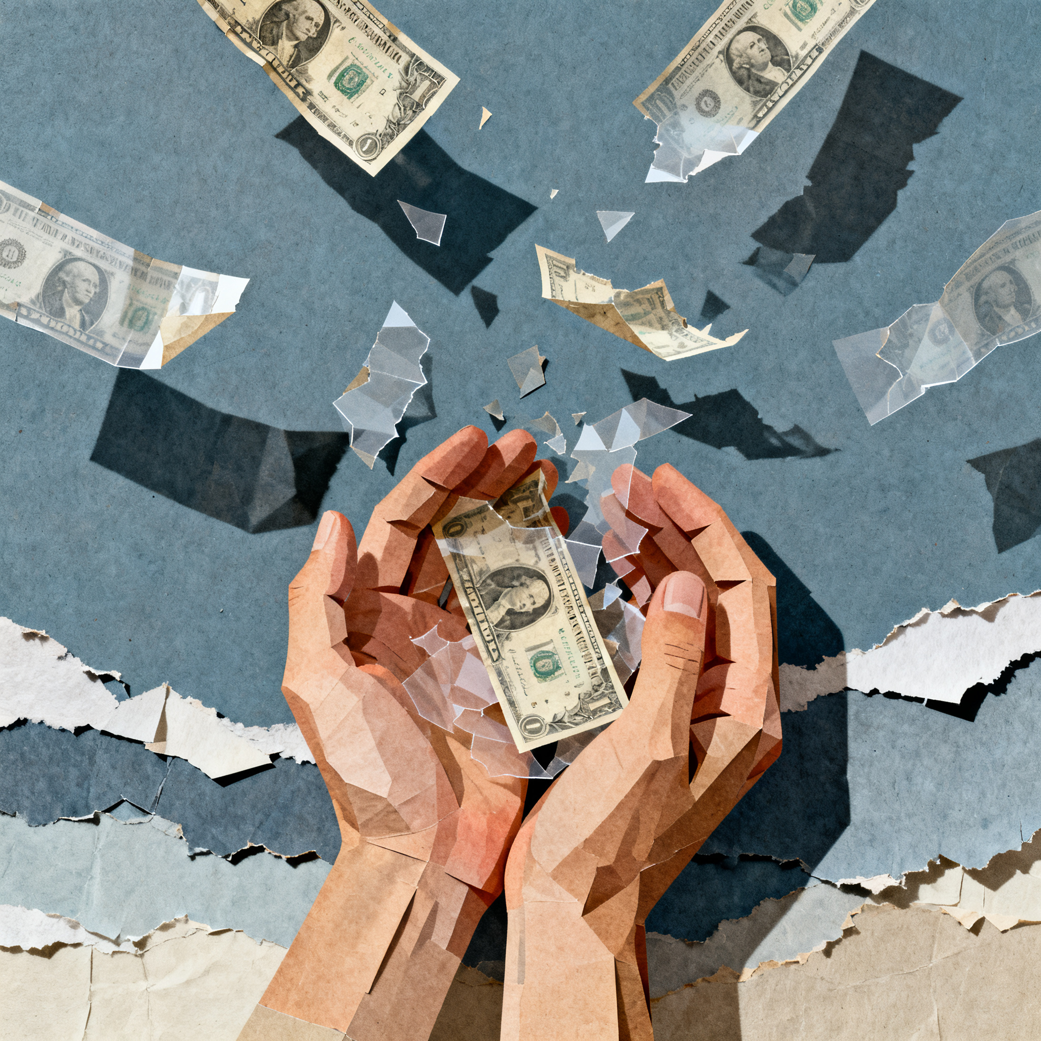 Hands grasping at dissolving paper money fragments floating away, multiple translucent layers showin