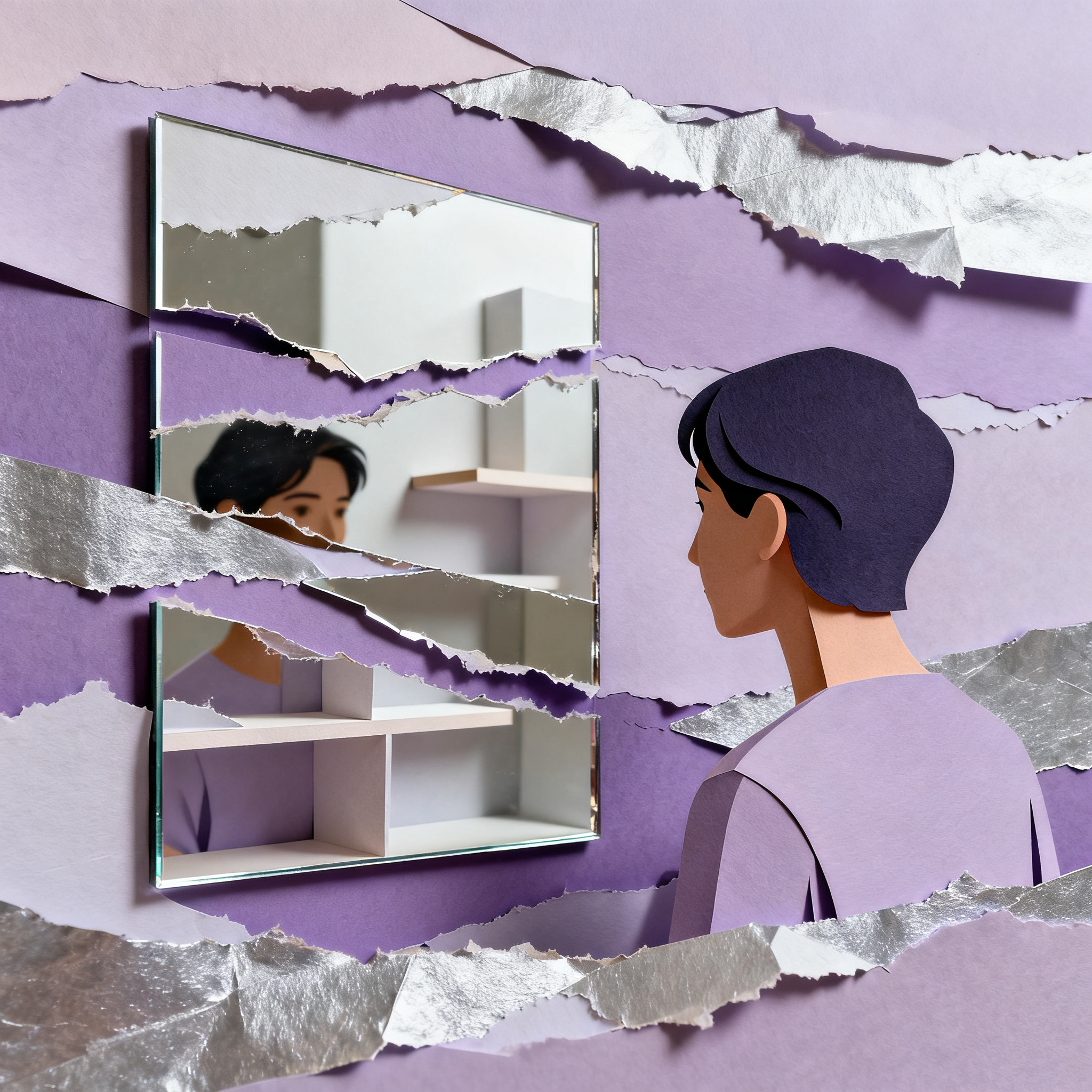 Person standing before mirror made of layered reflective paper showing different paper cut-out selve