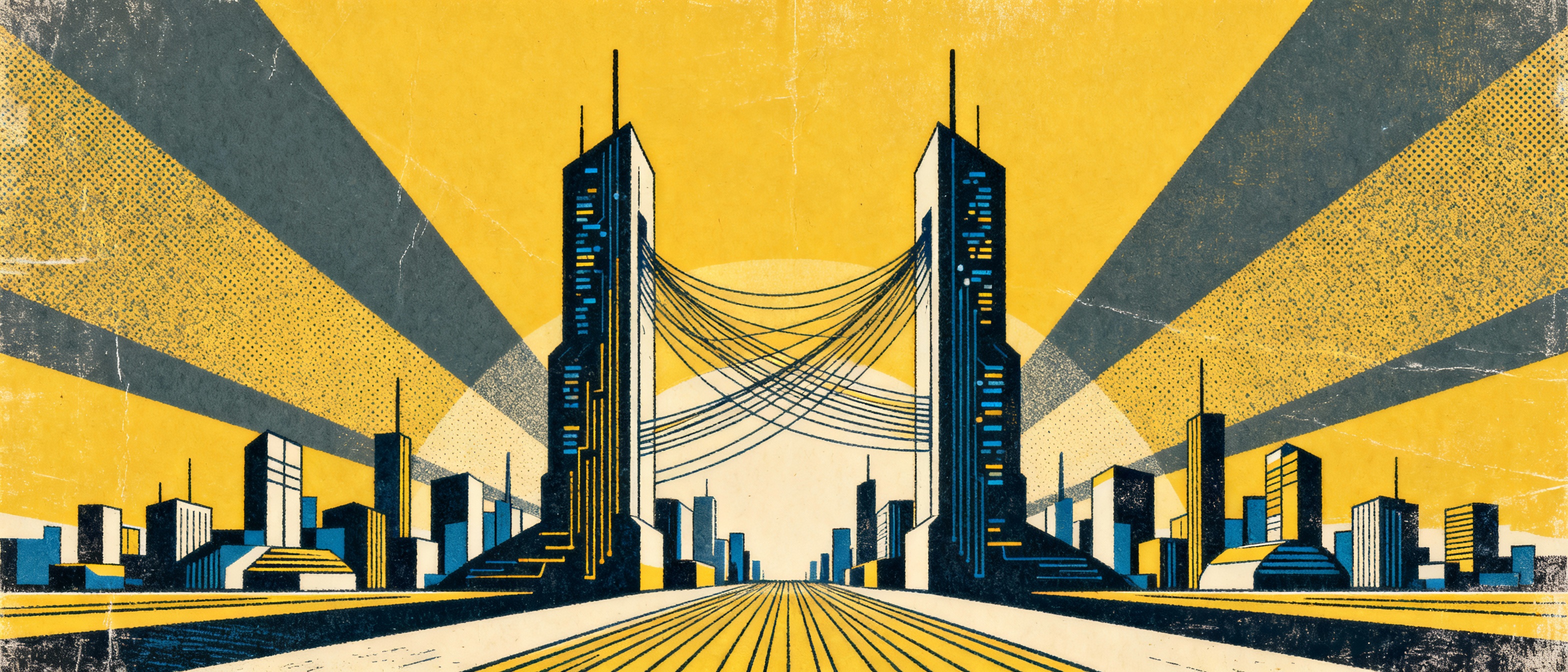 A futuristic cityscape with data streams flowing between towers, symbolizing integration and continu...