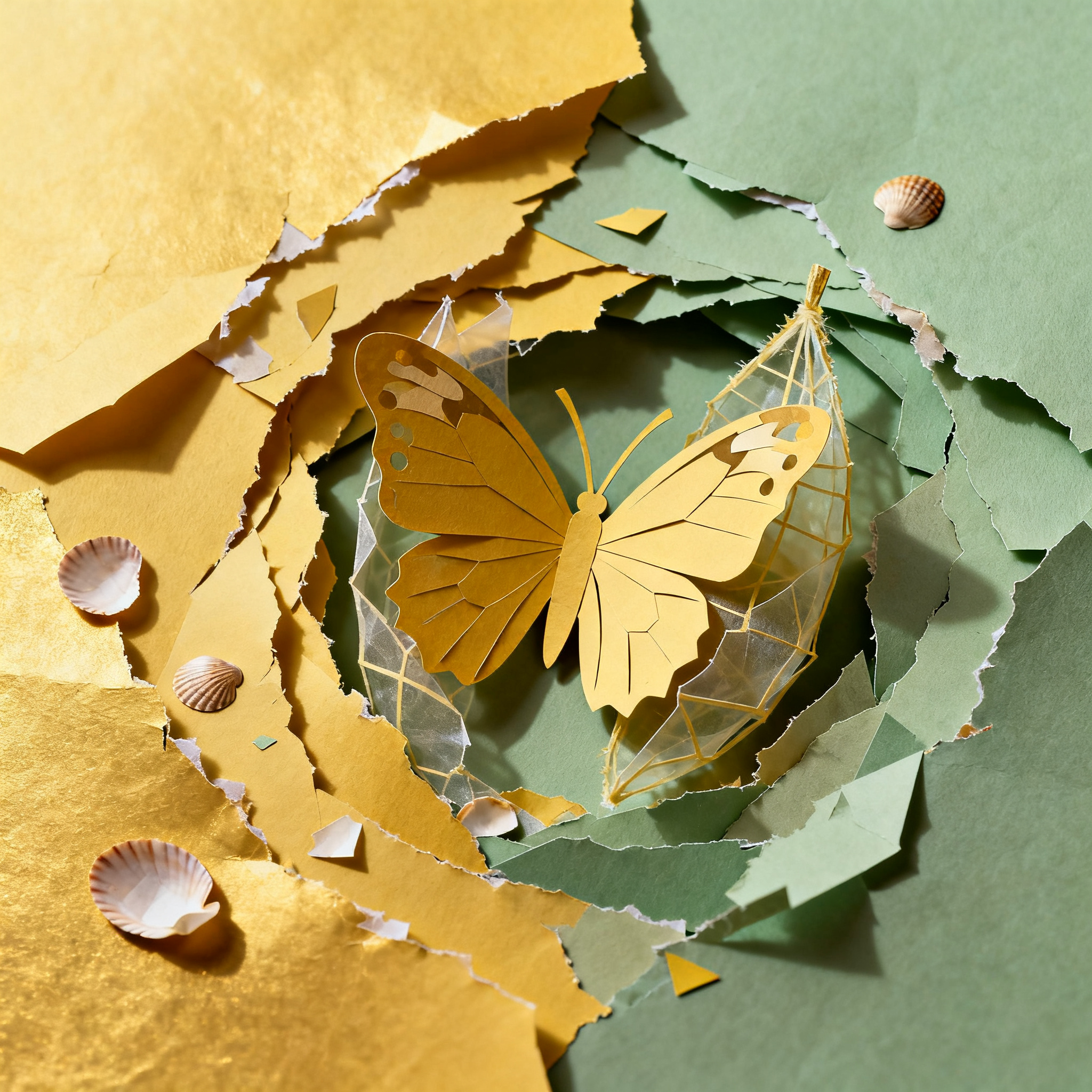 Paper butterfly emerging from torn cocoon layers with scattered shell fragments, transformation and 