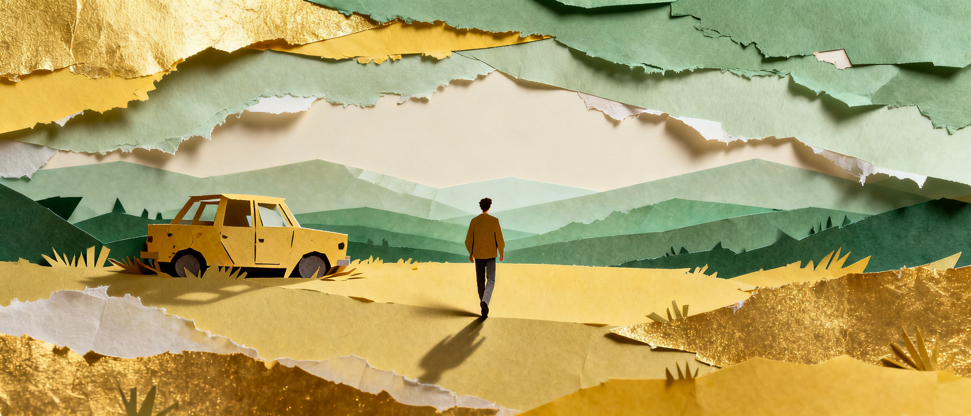 Person walking toward distant layered horizon, abandoned paper vehicle behind, hopeful solitude, wid