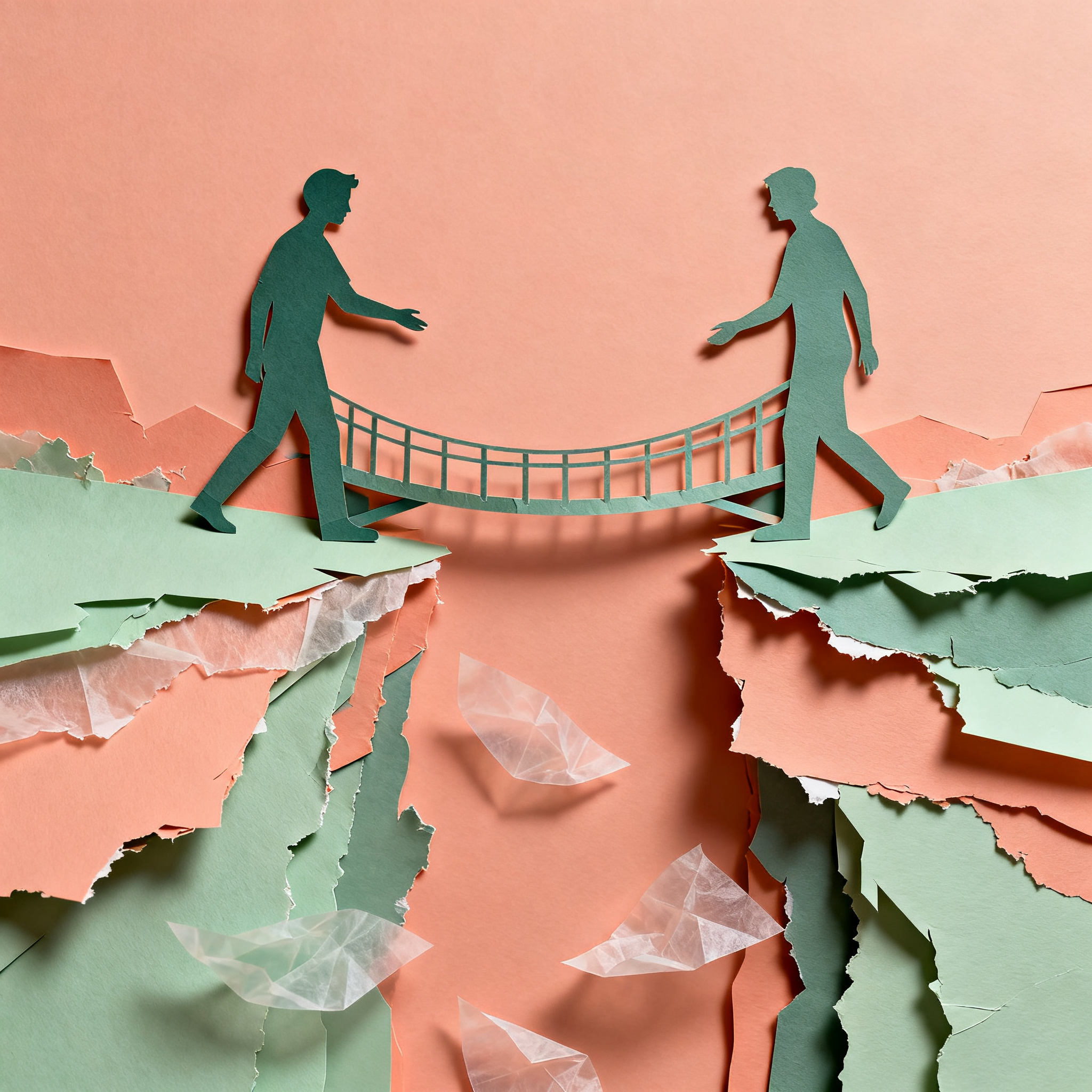 Two paper silhouettes reaching toward each other across torn paper chasm, floating translucent tissu