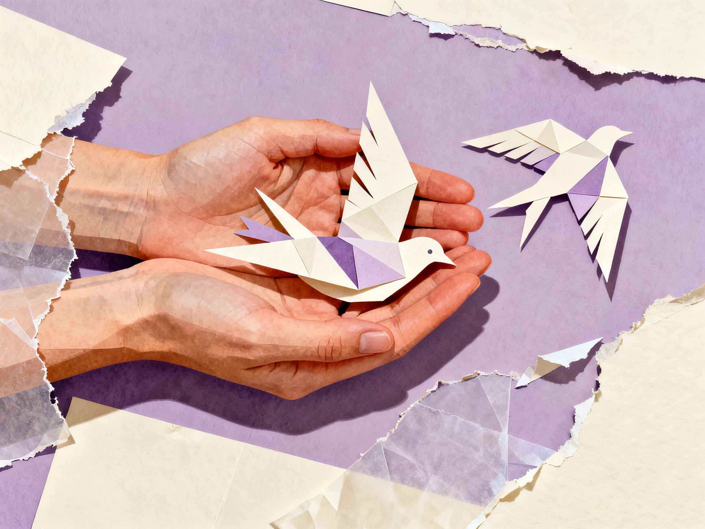Hands releasing layered paper birds that transform into abstract geometric shapes, torn edges creati