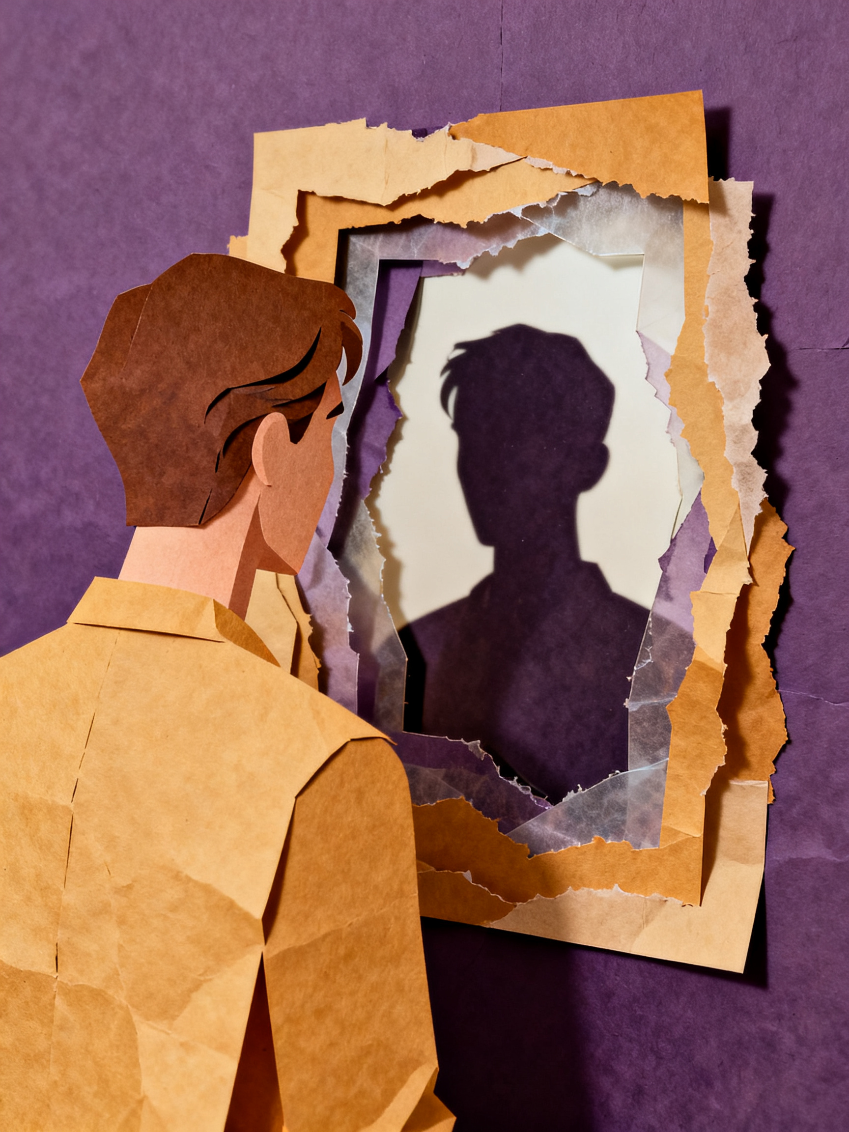 Figure confronting shadow self through layered paper mirror portal, contrasting light and dark paper