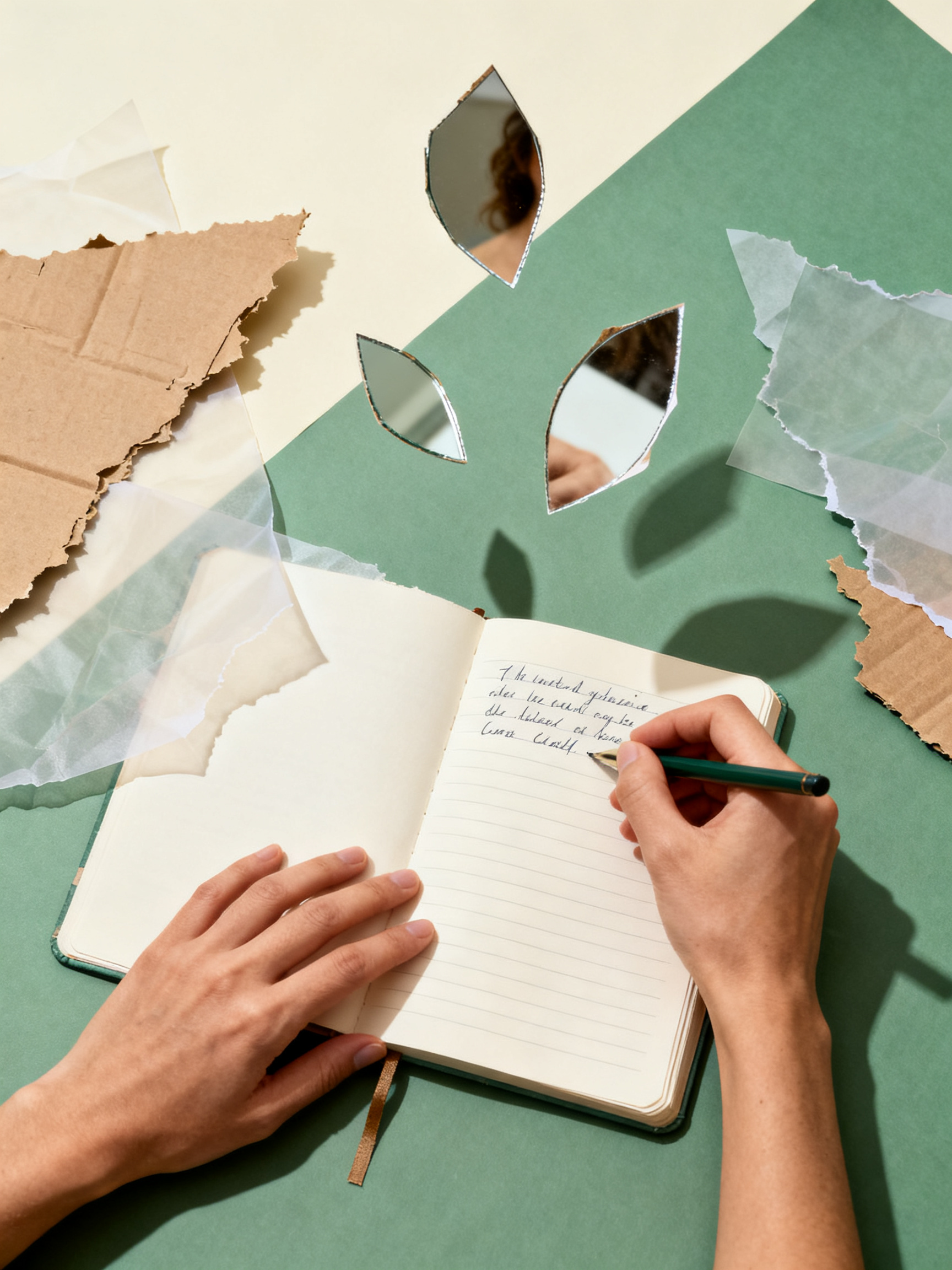 Hands journaling while paper mirror fragments float above, torn kraft paper and translucent layers c