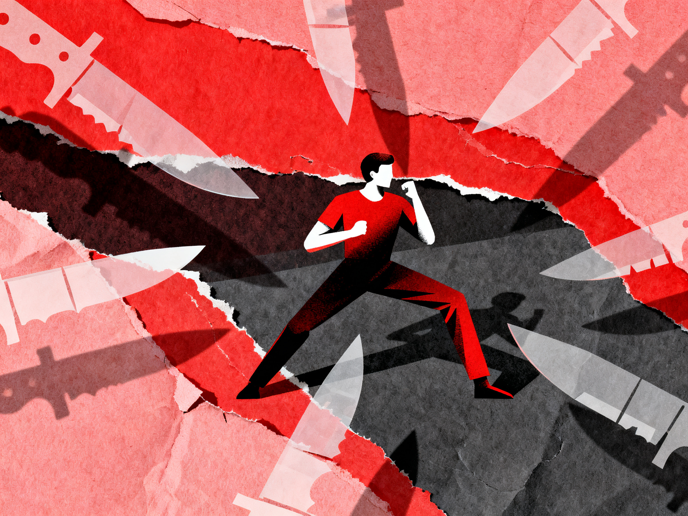 Abstract figure surrounded by floating paper knife silhouettes in defensive stance, overlapping tran