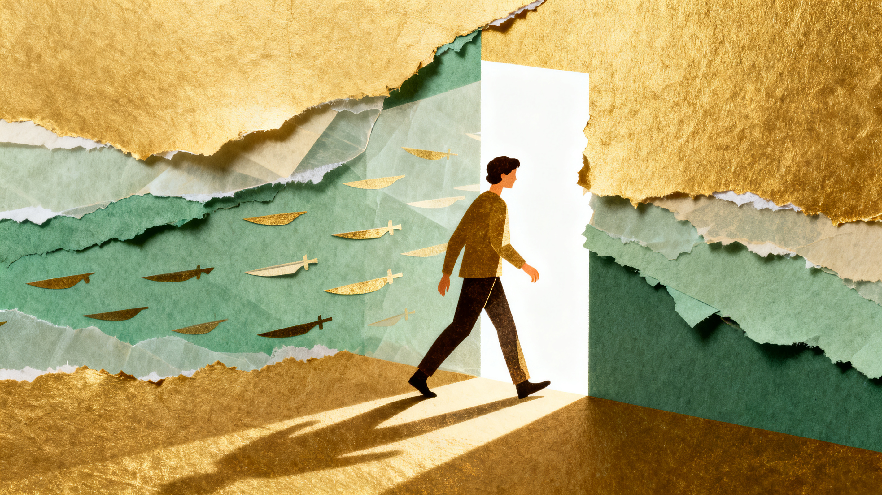 Person walking through torn paper doorway leaving blade shapes behind, multiple depth layers with vi