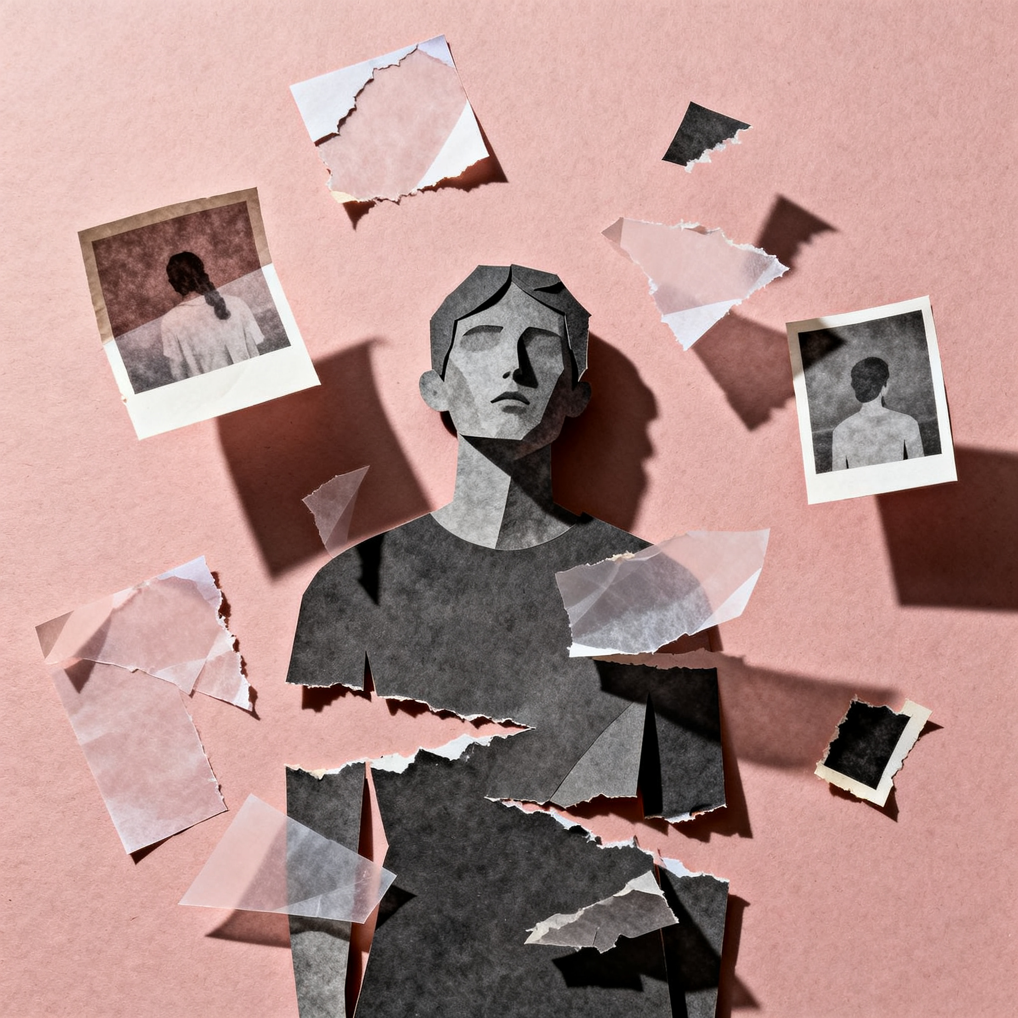 Abstract figure surrounded by floating paper fragments and memory pieces, torn edges and layered tex