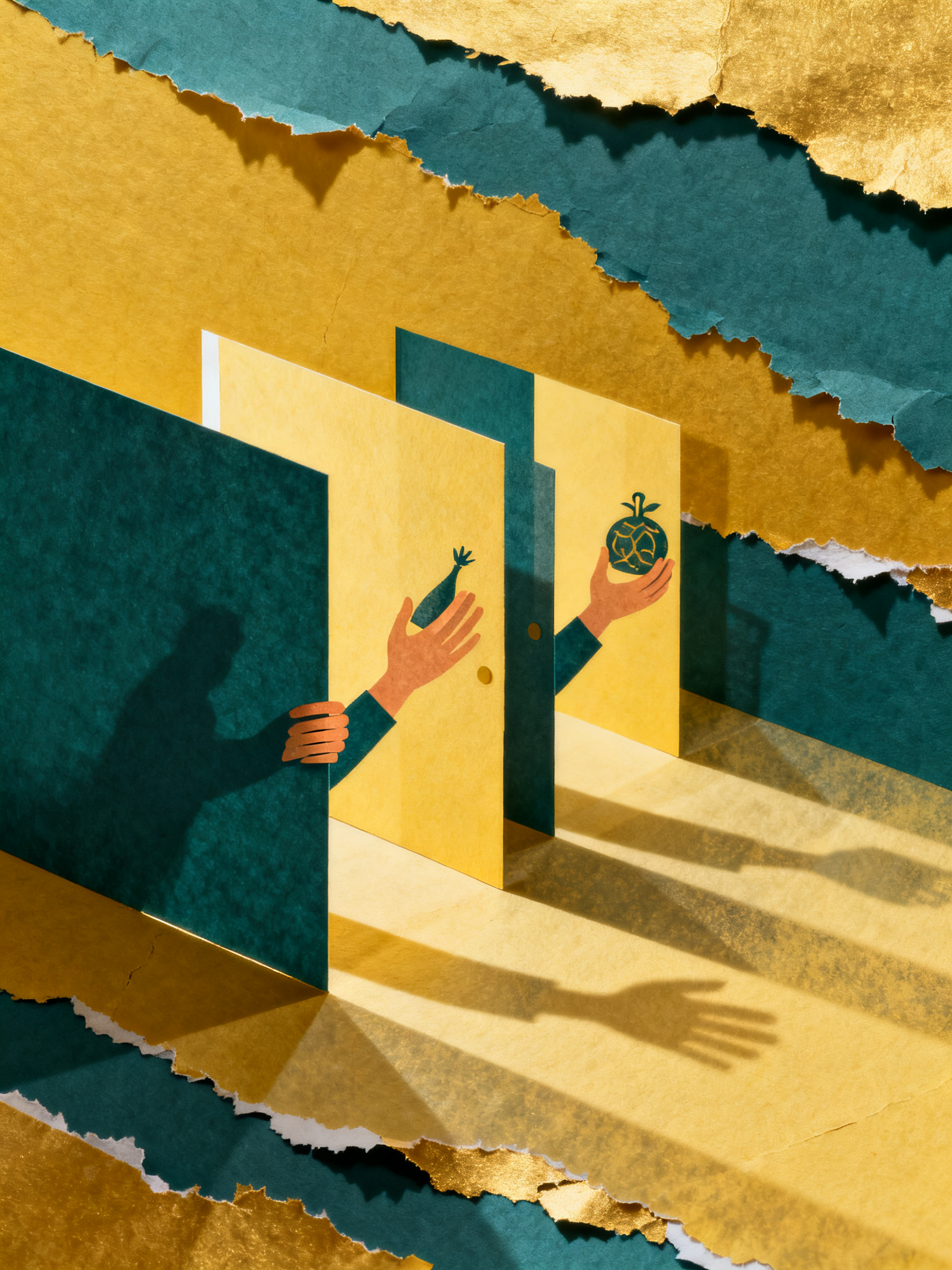 Hands reaching through layered paper doorways toward symbolic objects, multiple depth planes with vi