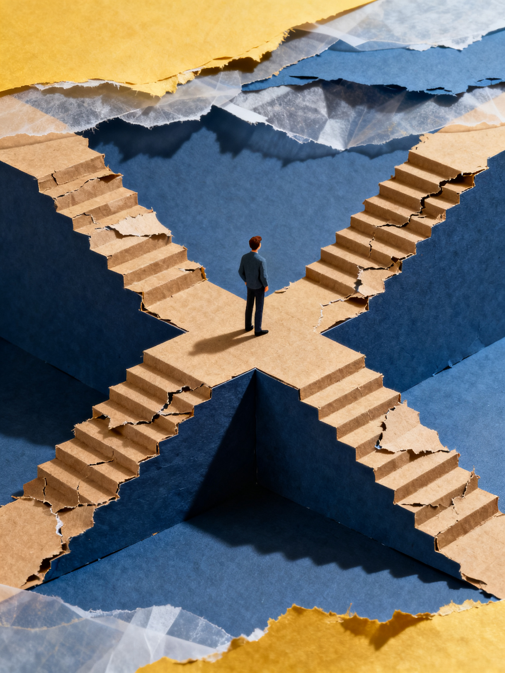 A stylized figure navigating through a dense forest of abstract shapes, symbolizing challenges in jo...