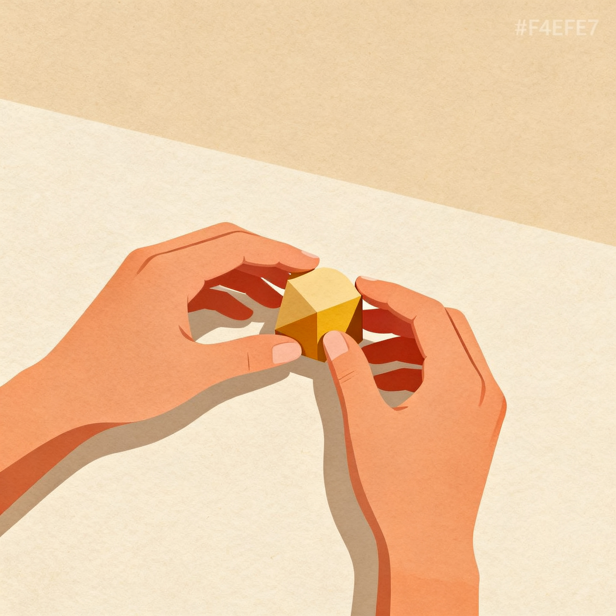 hands gently positioning small geometric object against clean backdrop with soft shadows, serene edi