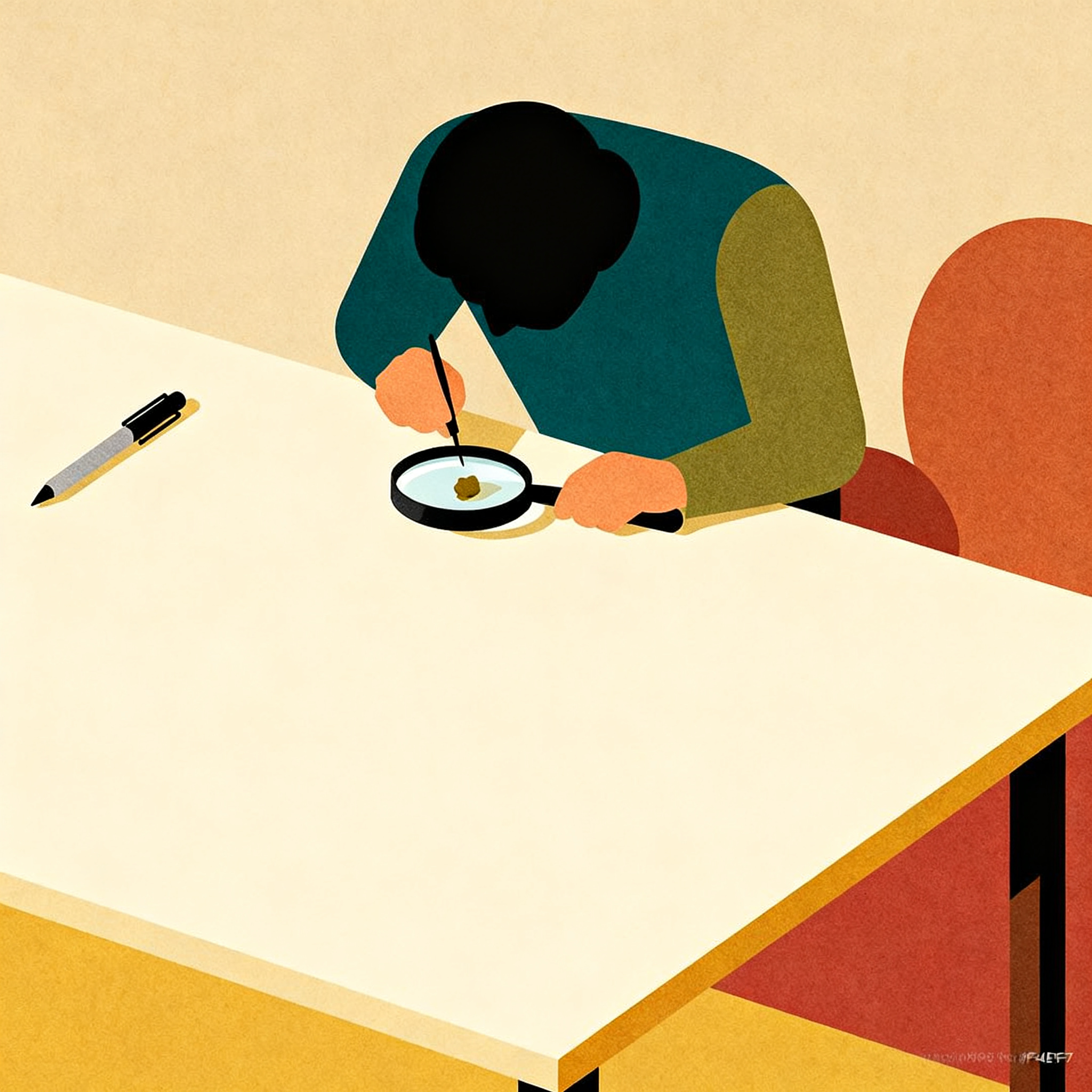 simple silhouette examining small object with magnifying glass on minimal table, thoughtful contempl