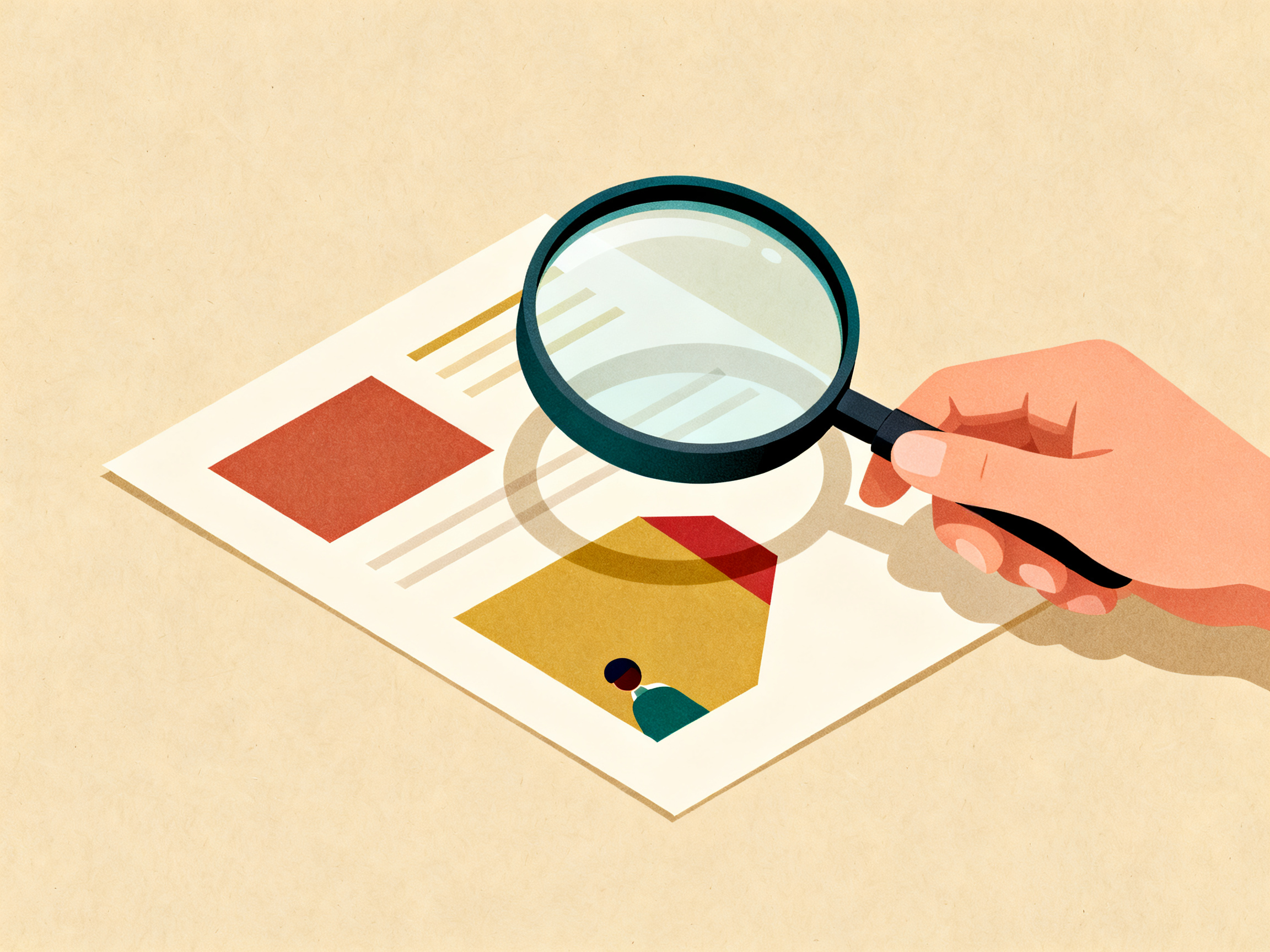Hand holding magnifying glass over simple document with geometric shapes, warm beige background, car