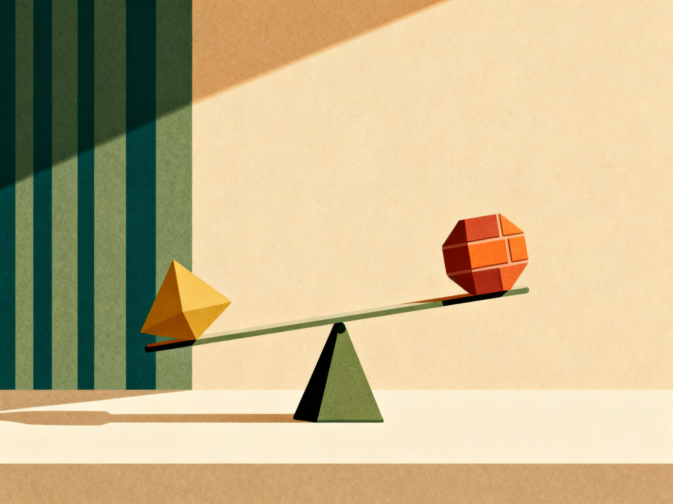 Simple balance scale with two geometric objects on clean surface, warm morning light, thoughtful equ