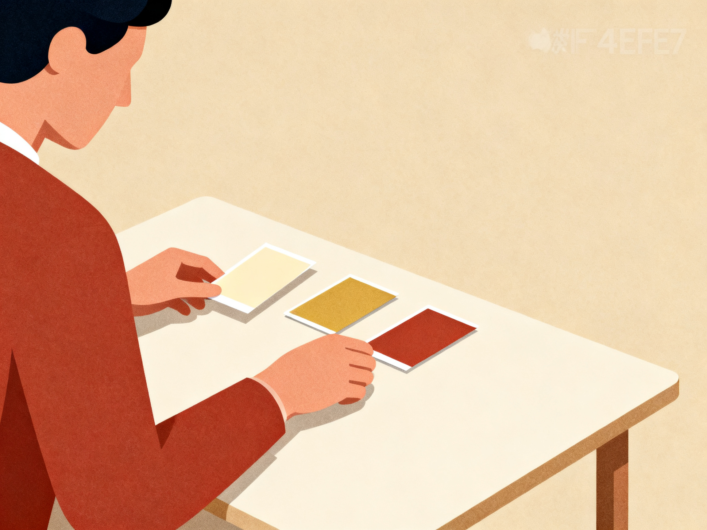 Stylized figure arranging three simple rectangular cards on minimal table, warm beige background, or