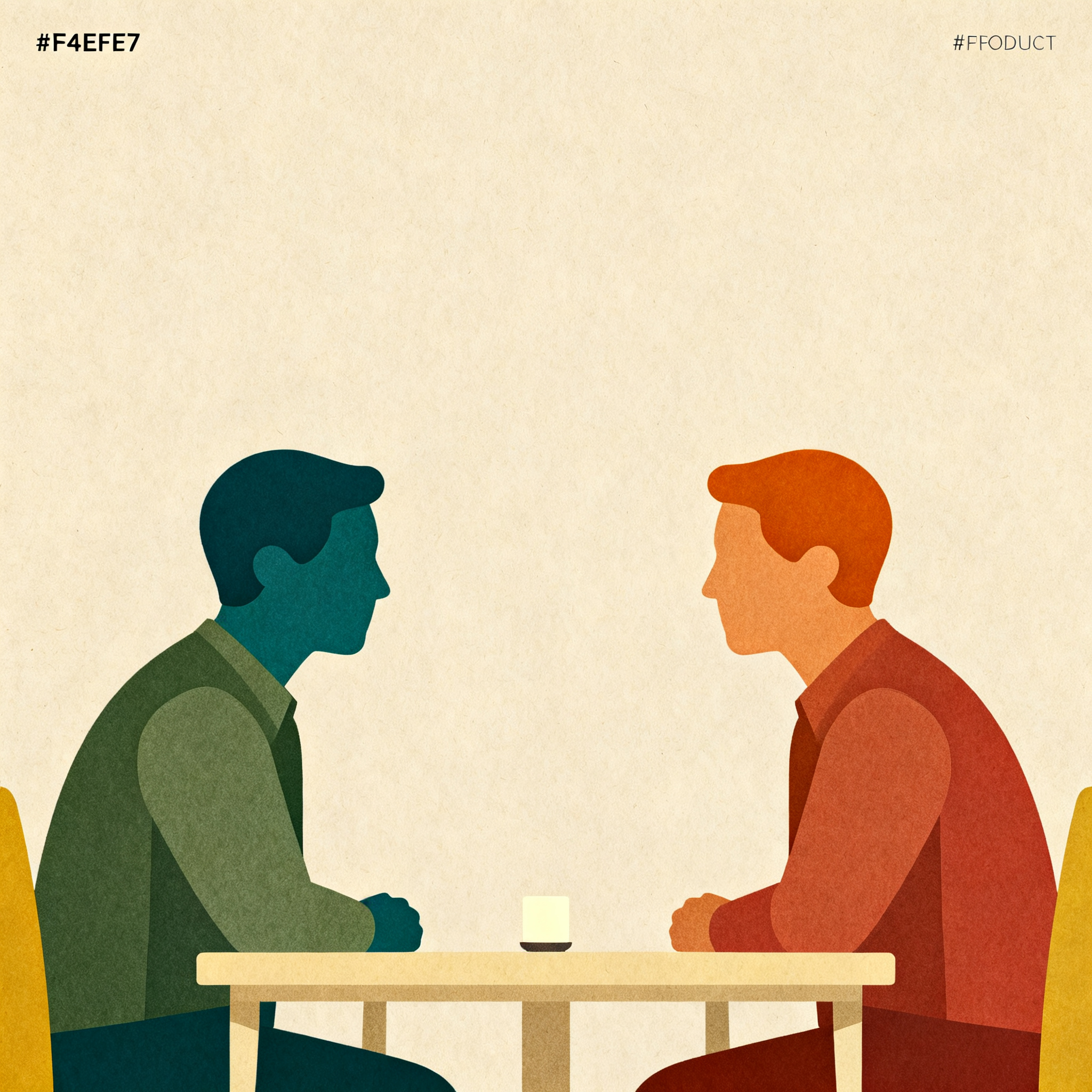 Two simplified silhouettes facing each other across minimal table with single object between them, c