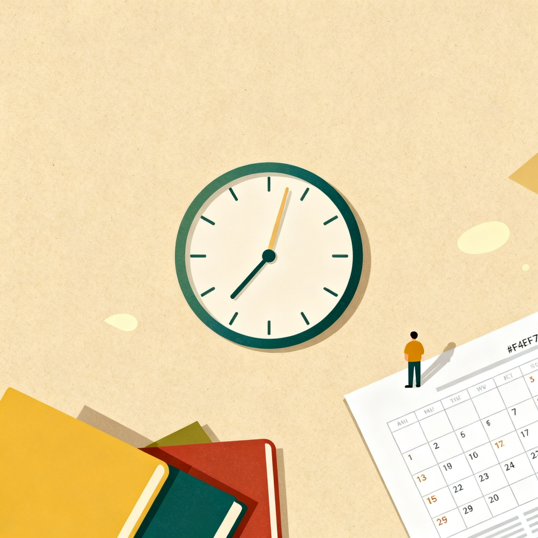 Simple clock face with gentle hands pointing to time next to minimal calendar page, patient timing a