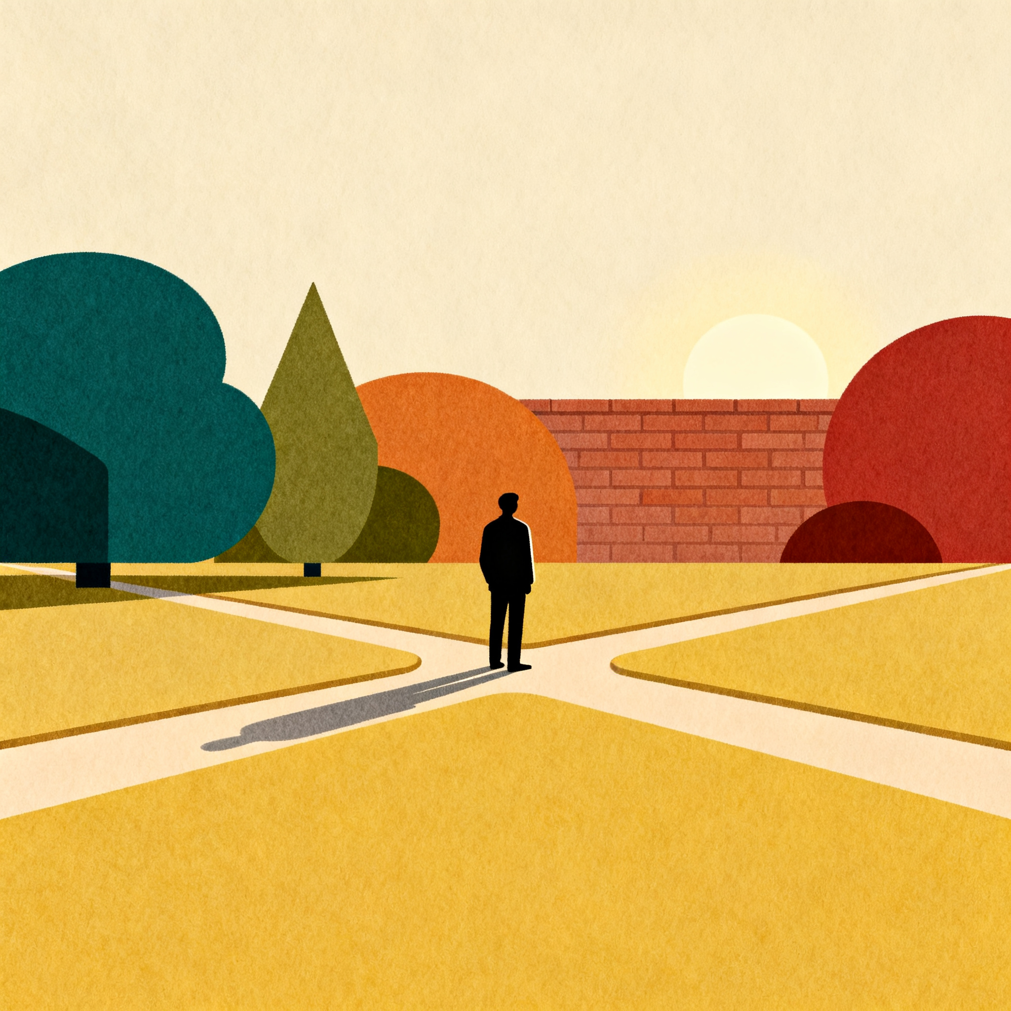 Figure silhouette standing at crossroads of two simple paths, soft morning atmosphere, thoughtful de