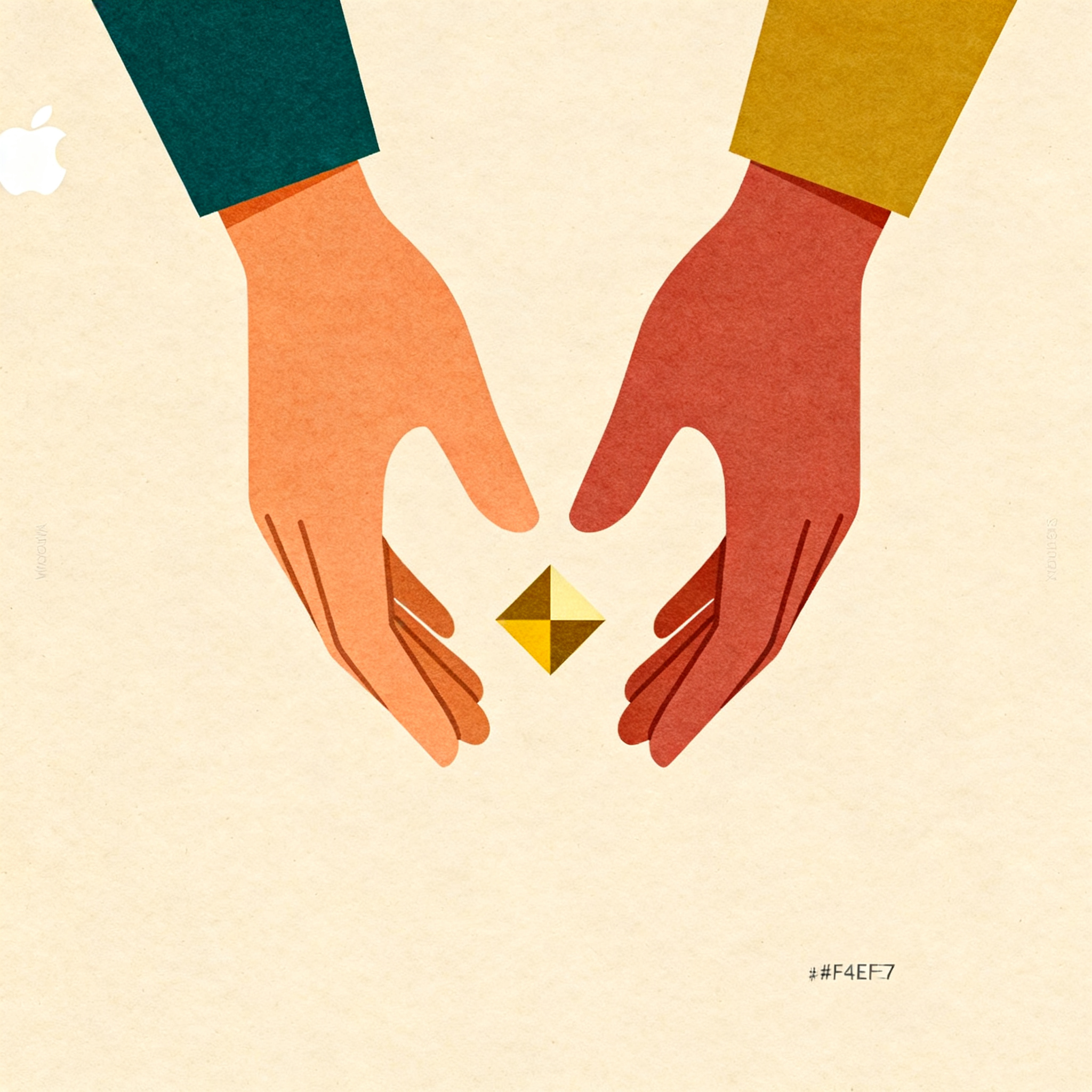 Two simplified hands meeting in protective gesture over small geometric shape, warm contemplative mo