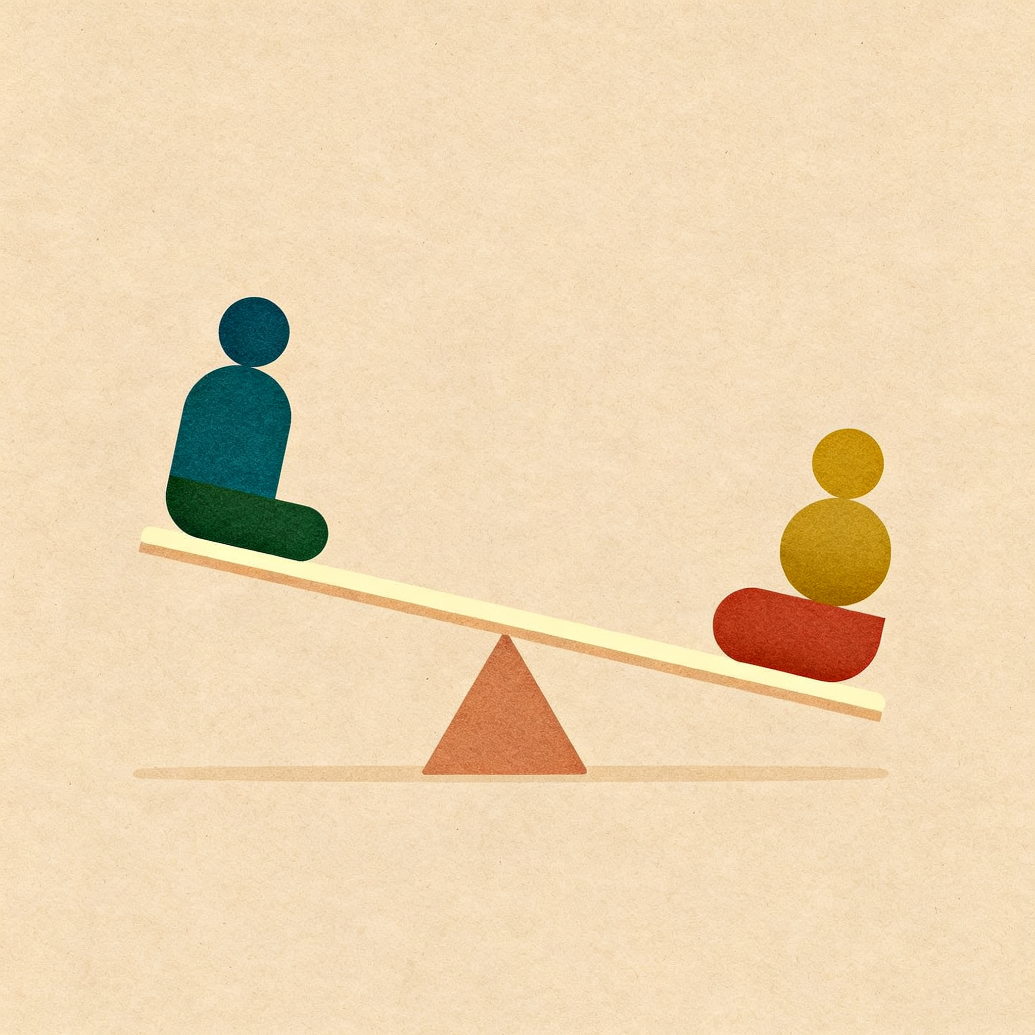 Simple balance scale with two rounded objects, warm paper surface, equilibrium consideration, slight