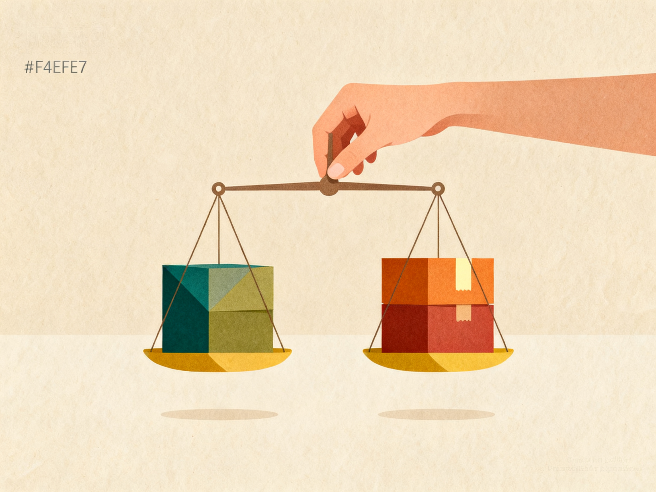 Hand holding a simple balance scale with two geometric packages, one on each side, warm beige paper 