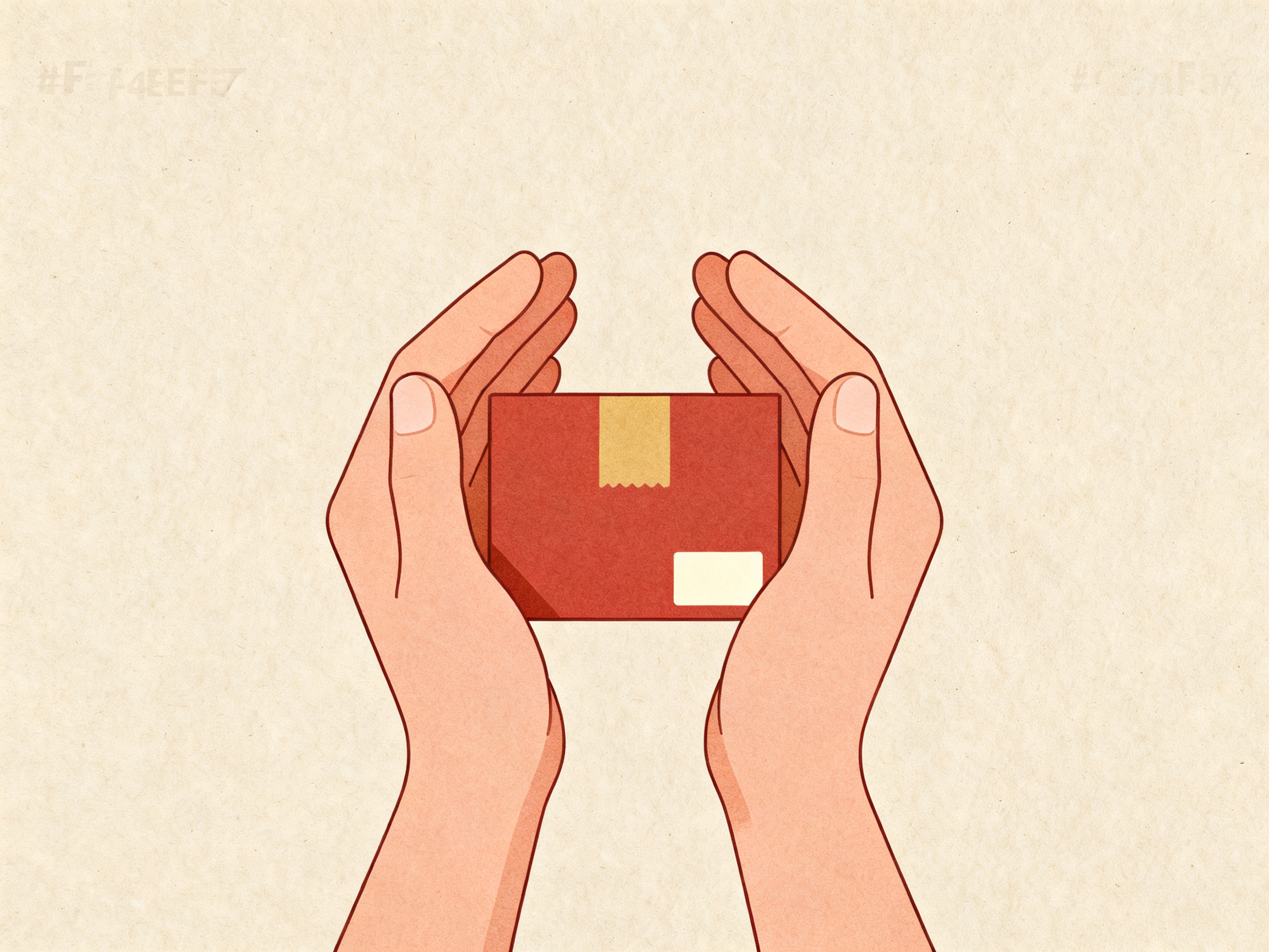 Two simplified hands gently protecting a small rectangular package between them, warm beige paper ba