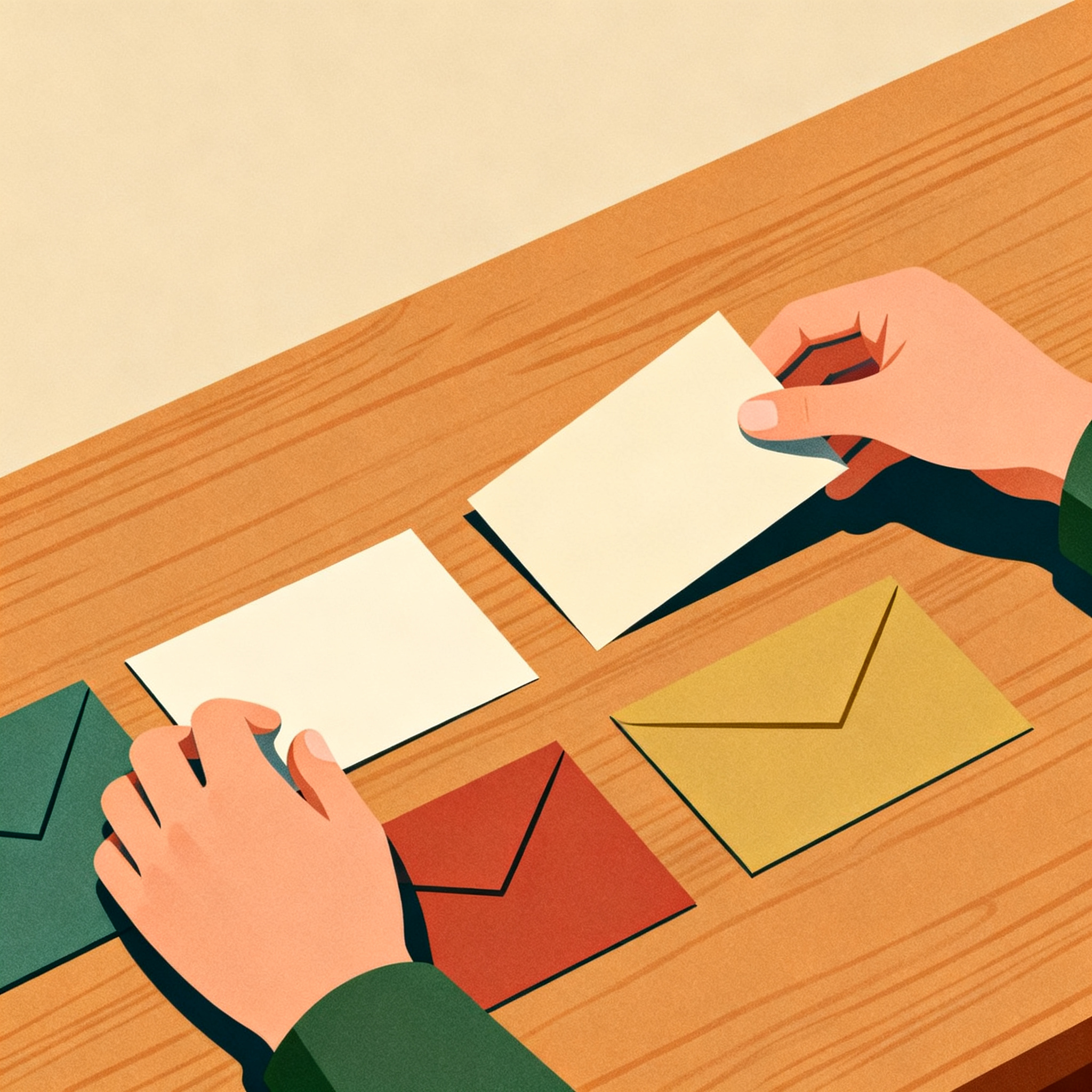 Two hands placing simple message cards on warm wooden surface, soft natural lighting, editorial calm