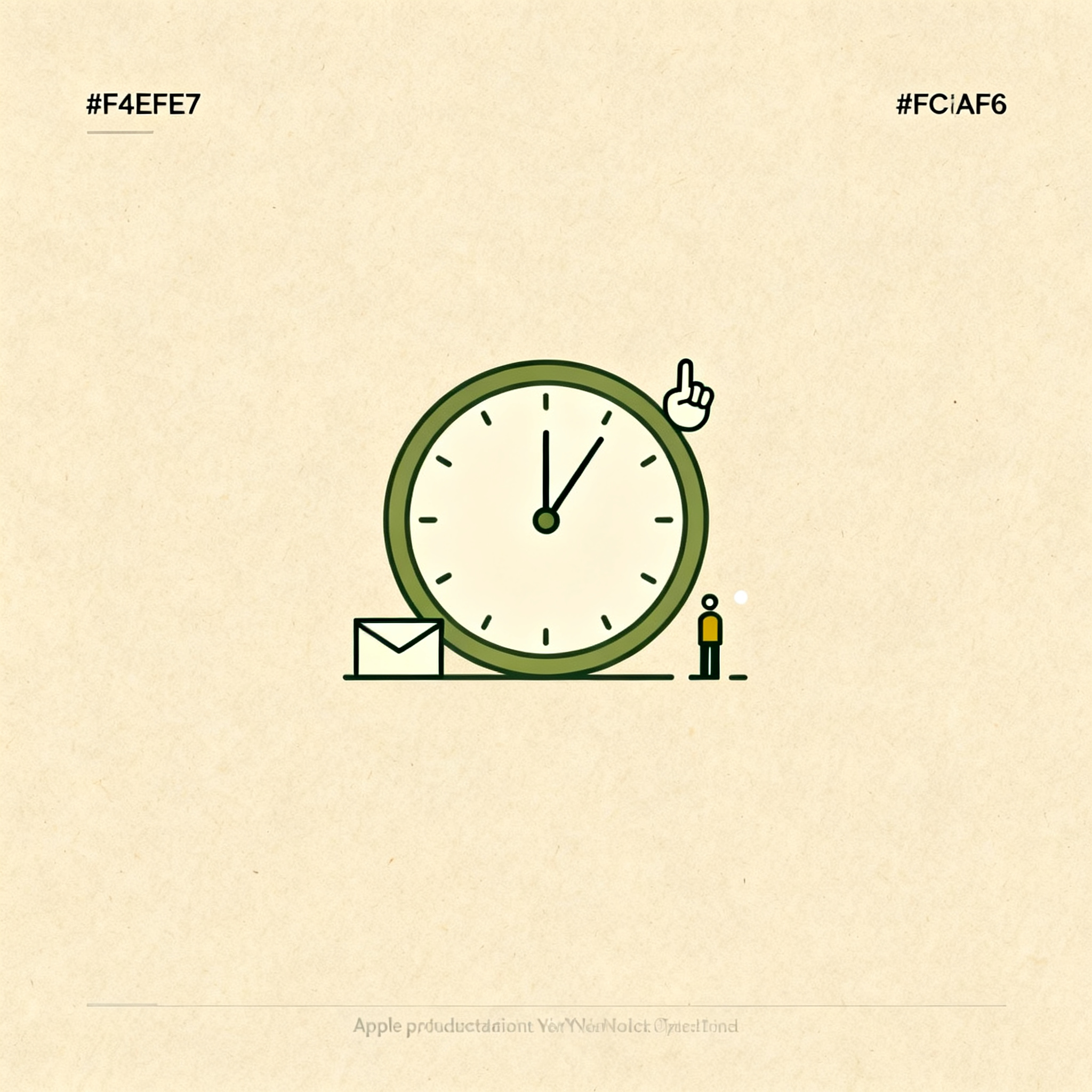 Minimal clock face with single hand pointing upward next to small envelope, quiet morning atmosphere
