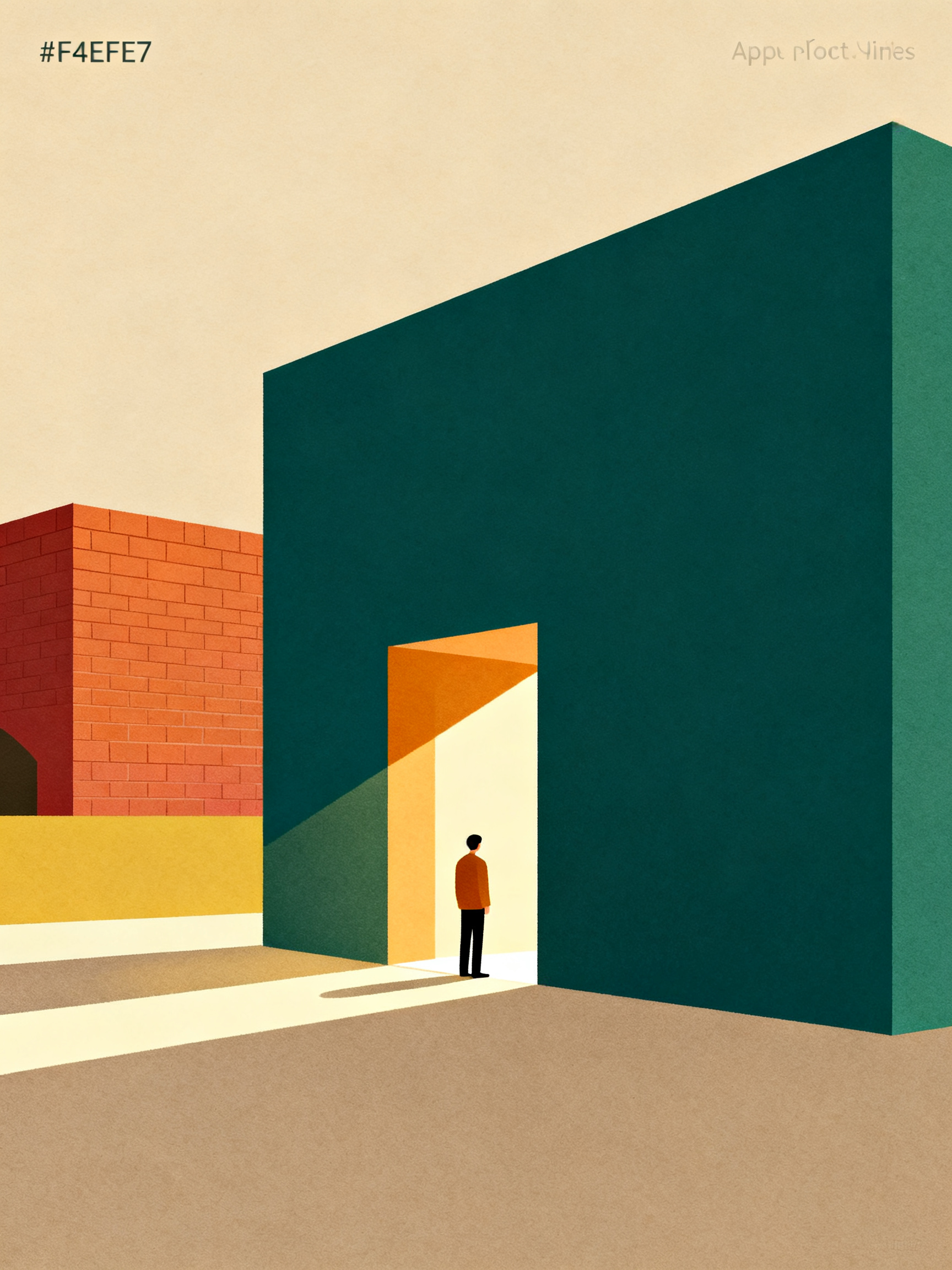 Simple figure standing in geometric doorway of modern building with warm light streaming in, warm be