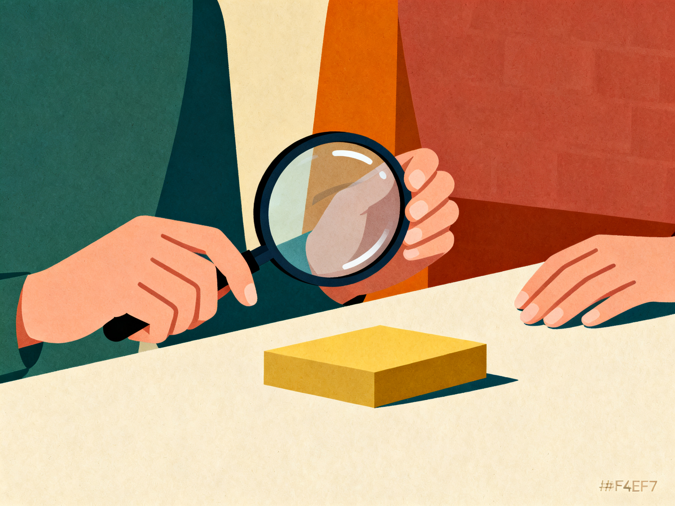 Stylized hands holding magnifying glass over simple rectangular object on minimal surface, warm beig