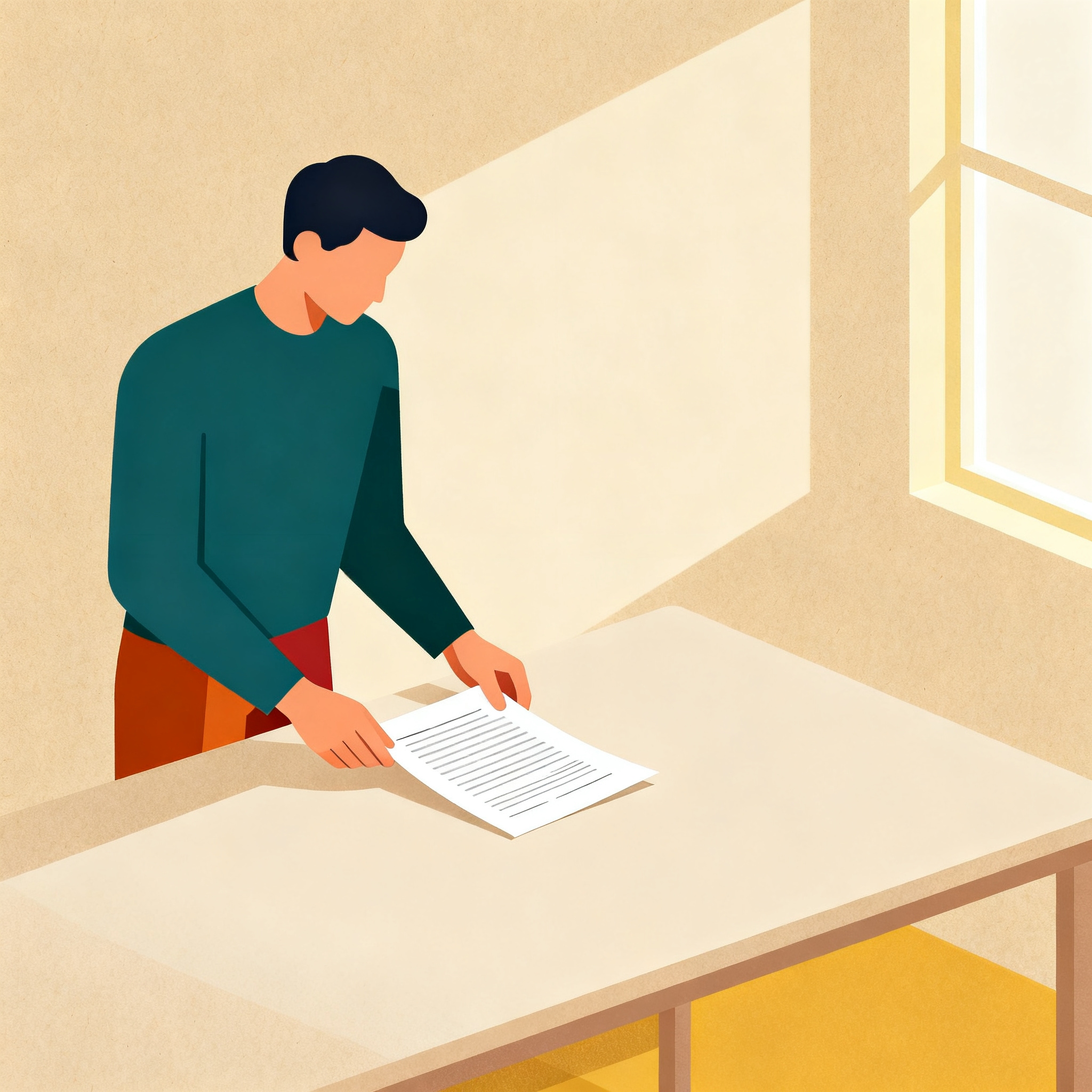 Single figure placing simple document on clean table surface with gentle window light, warm beige pa