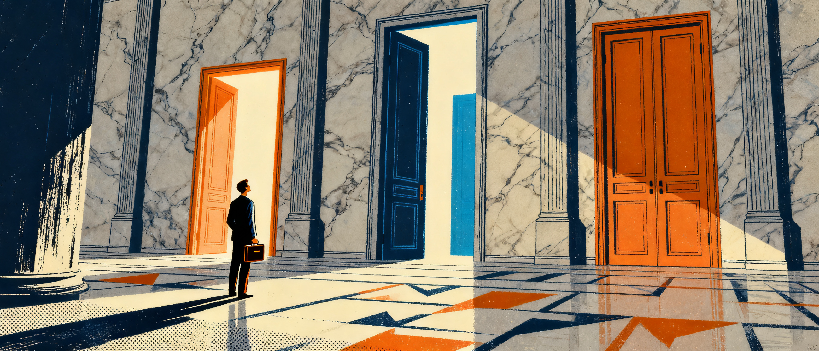 A figure standing before three towering doors of different sizes, each door glowing with different c
