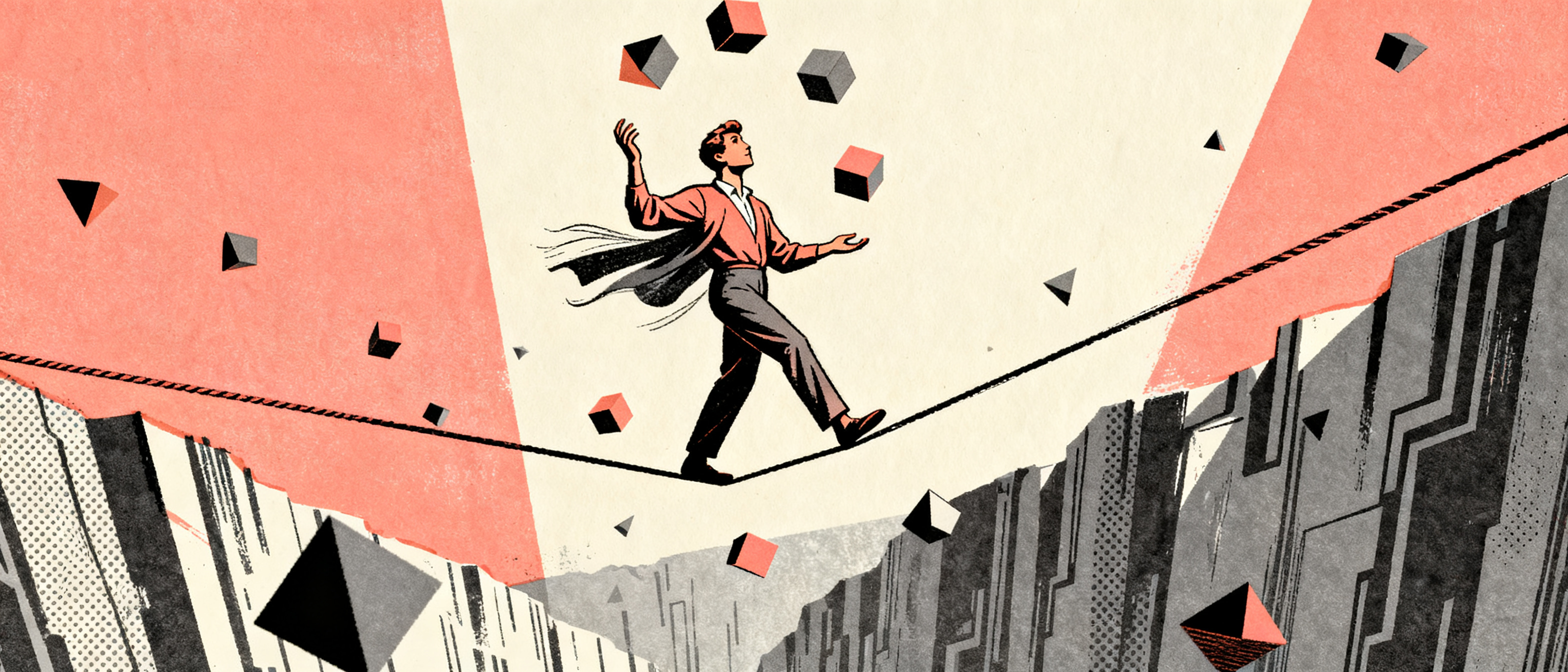 A person juggling multiple floating geometric shapes while walking on a tightrope suspended over a d