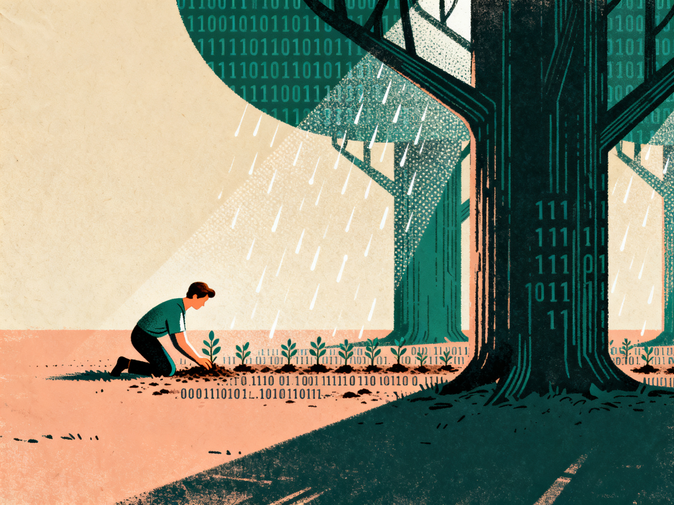A small figure planting binary code seeds in fertile digital soil, massive data trees growing in the