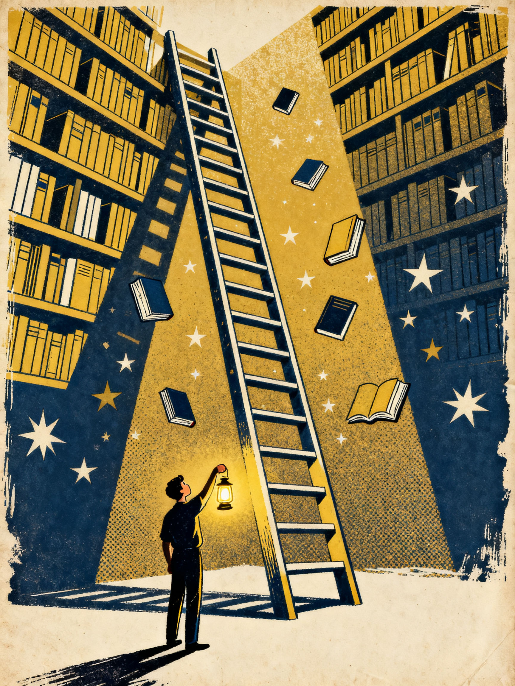 A small figure standing at the base of an enormous library ladder that stretches infinitely upward,