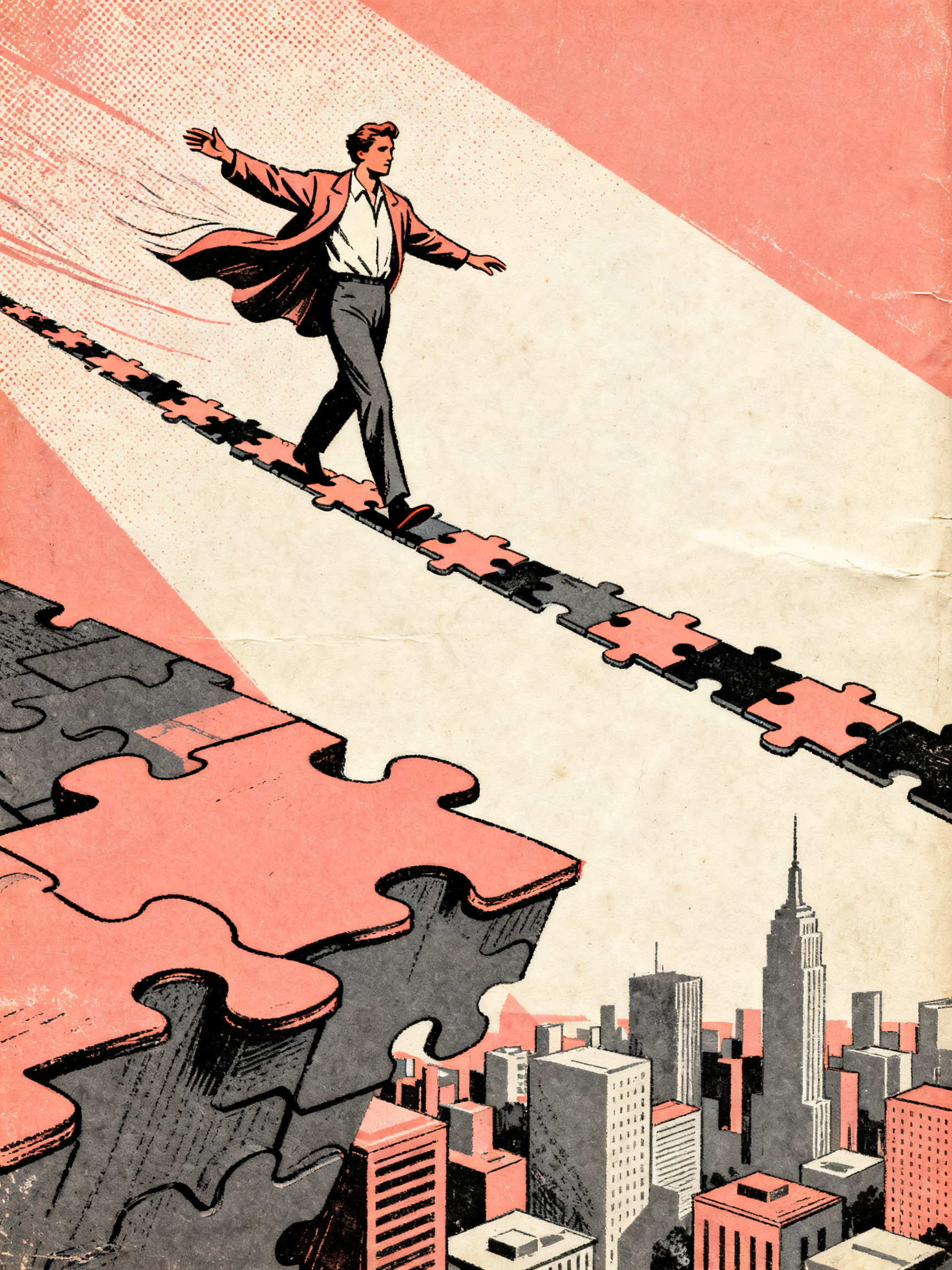 A figure walking across a tightrope made of interconnected puzzle pieces high above a cityscape, arm
