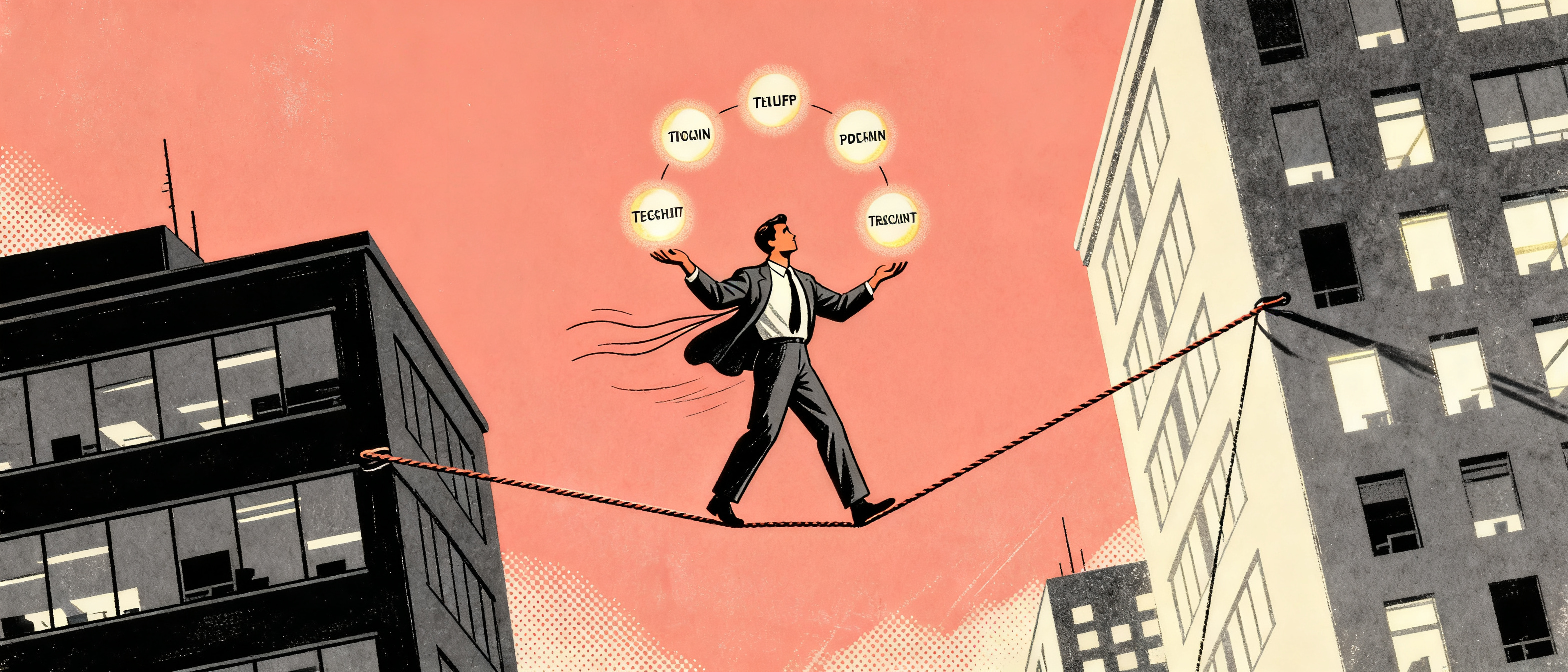 A figure juggling multiple glowing orbs labeled with tech terms while walking on a tightrope between