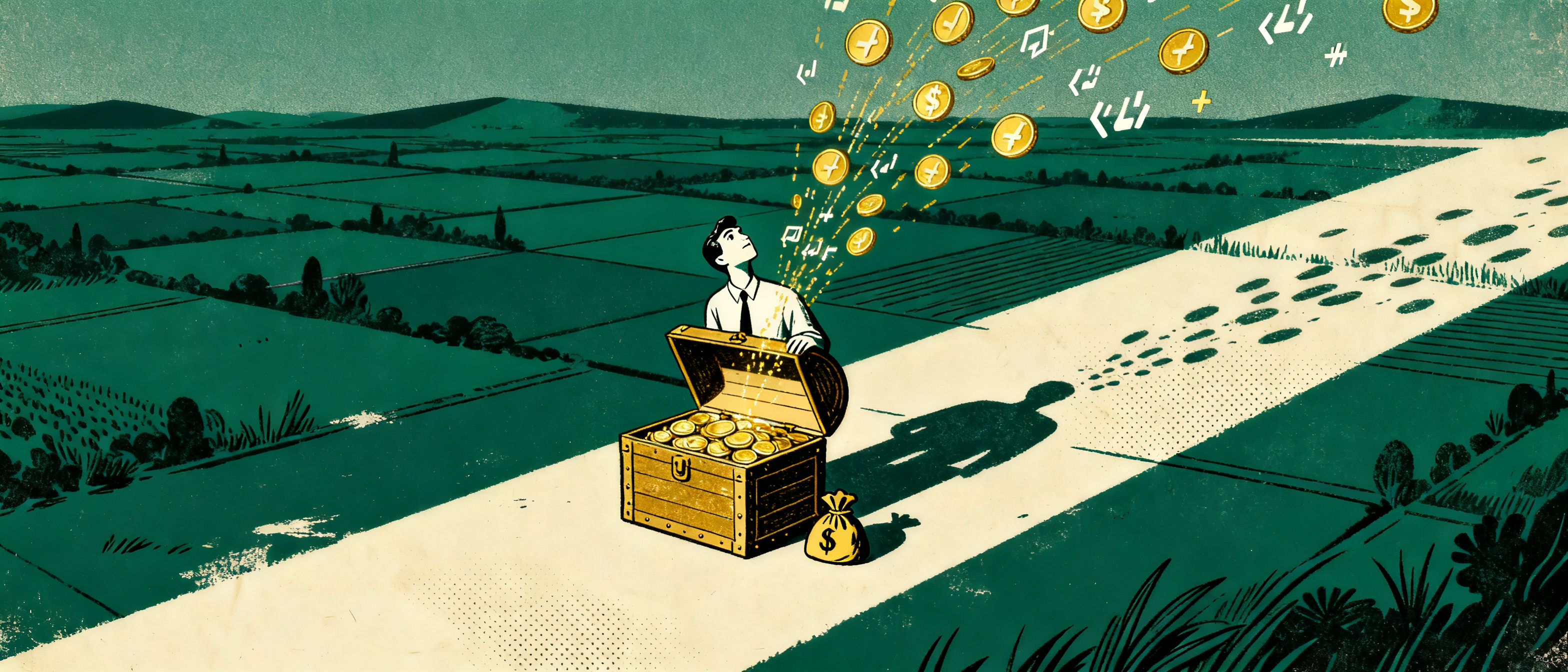 A figure opening a treasure chest that releases streams of golden coins and code symbols into the ai