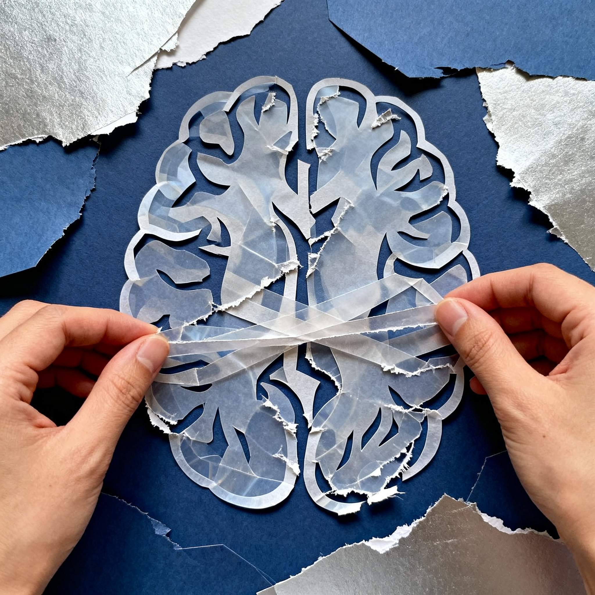 Hands weaving together layers of translucent paper brain shapes with visible torn edges, focused cre