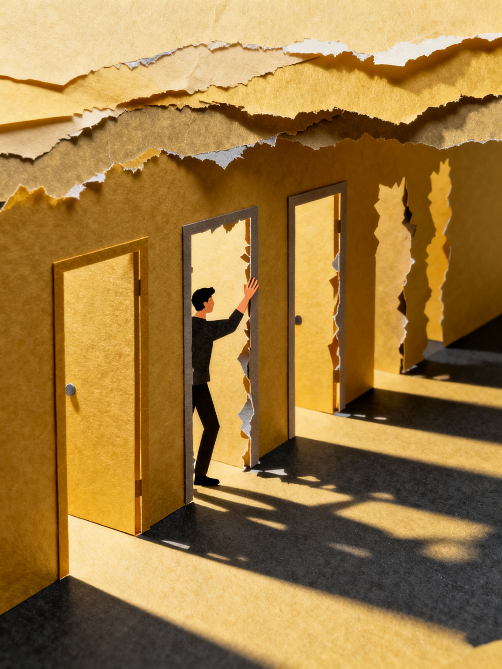 Person reaching through multiple paper door frames with shadows between layers, breakthrough moment 