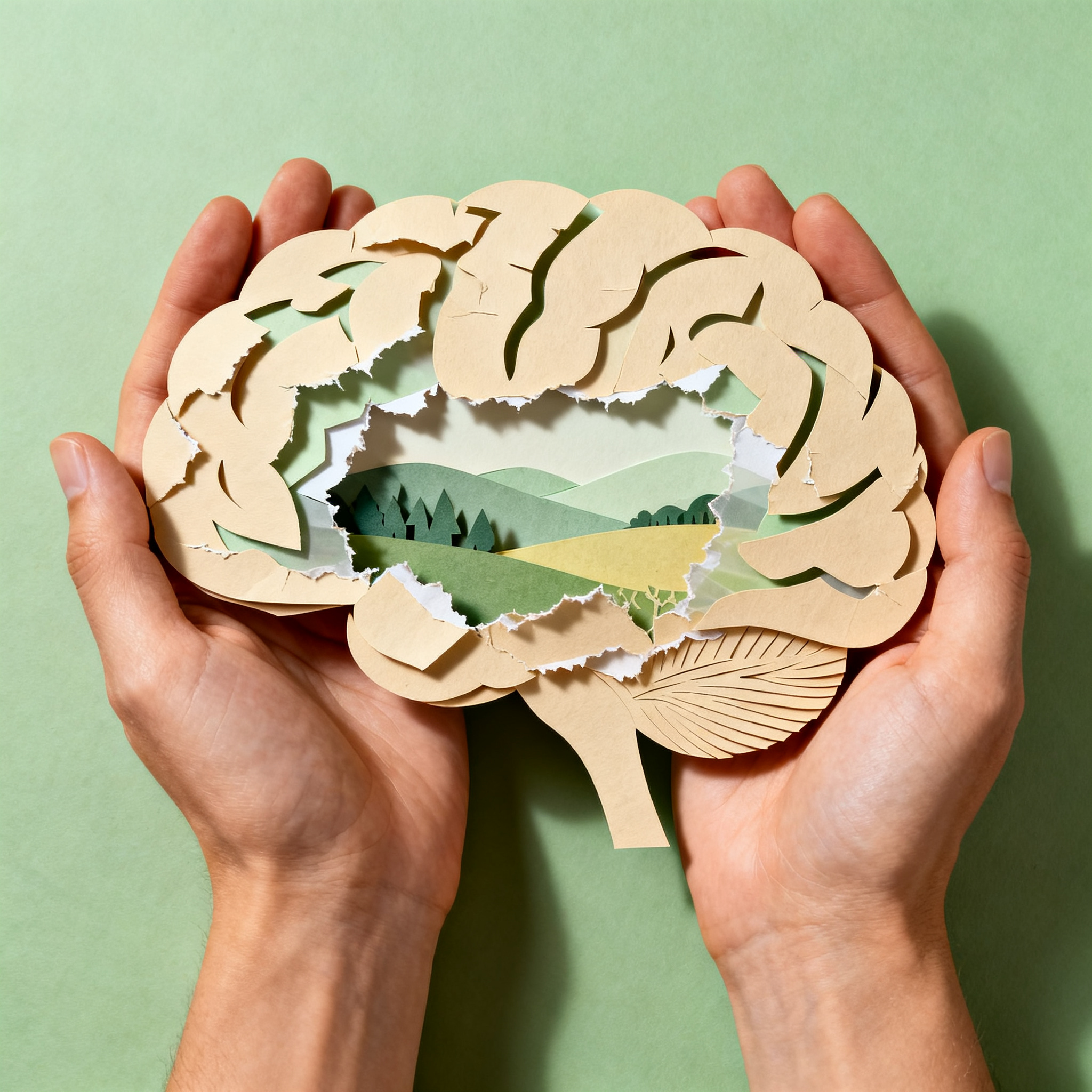 Hands holding layered paper brain with torn edges revealing peaceful paper landscape underneath, the